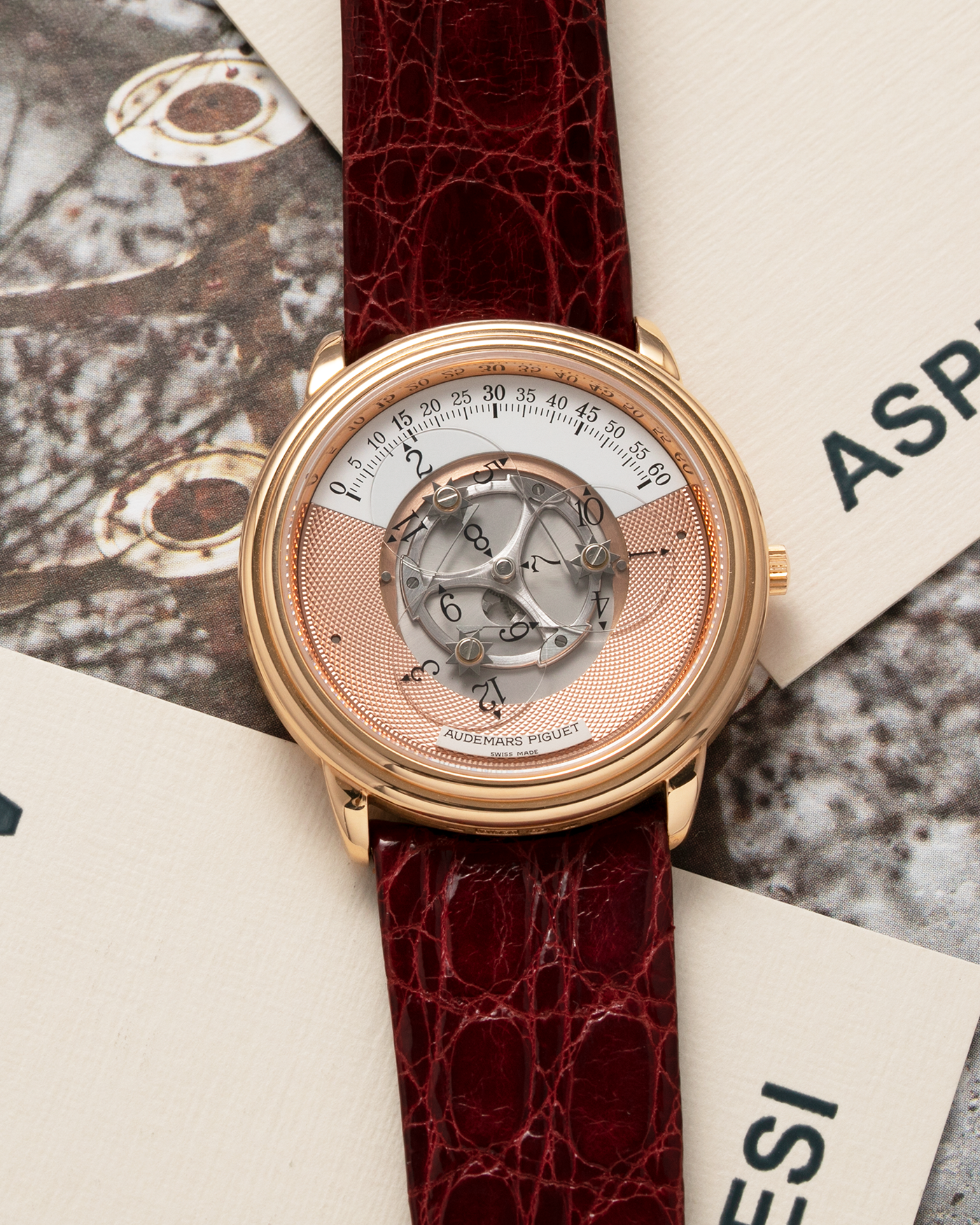 Brand: Audemars Piguet Year: 1990’s Model: Star Wheel Reference Number: 25720OR Material: 18k Rose Gold  Movement: Cal. 2224 Case Diameter: 36mm Bracelet: Audemars Piguet Red Alligator Strap and 18k Rose Gold Tang Buckle