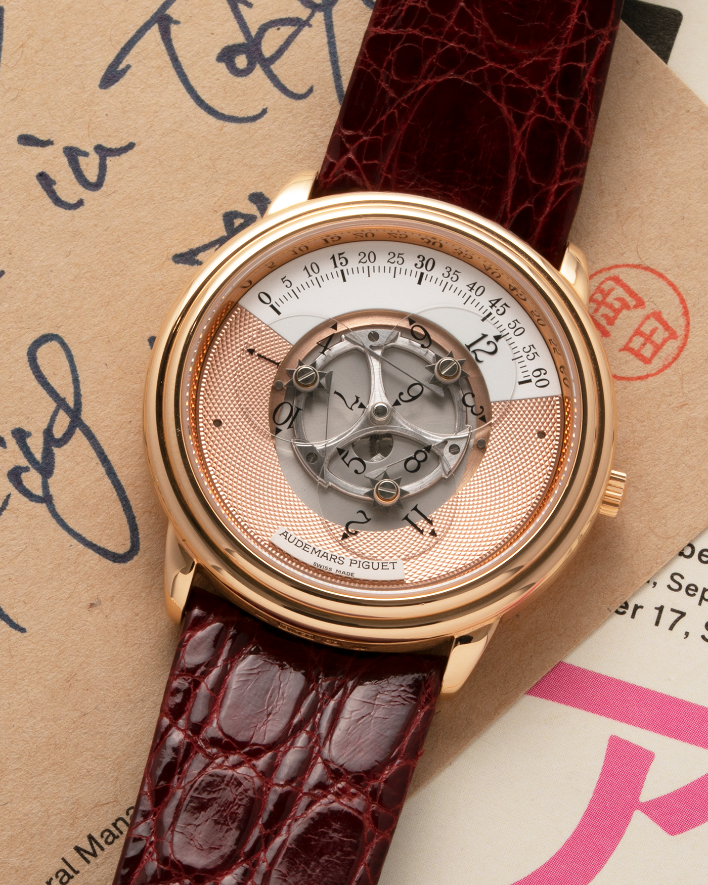 Brand: Audemars Piguet Year: 1990’s Model: Star Wheel Reference Number: 25720OR Material: 18k Rose Gold  Movement: Cal. 2224 Case Diameter: 36mm Bracelet: Audemars Piguet Red Alligator Strap and 18k Rose Gold Tang Buckle