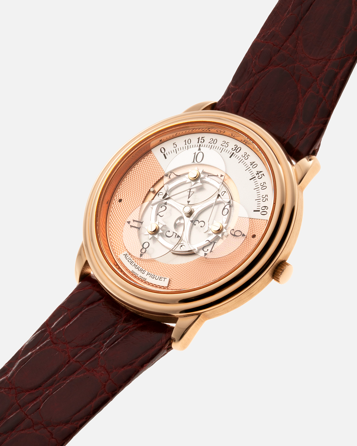 Brand: Audemars Piguet Year: 1990’s Model: Star Wheel Reference Number: 25720OR Material: 18k Rose Gold  Movement: Cal. 2224 Case Diameter: 36mm Bracelet: Audemars Piguet Red Alligator Strap and 18k Rose Gold Tang Buckle