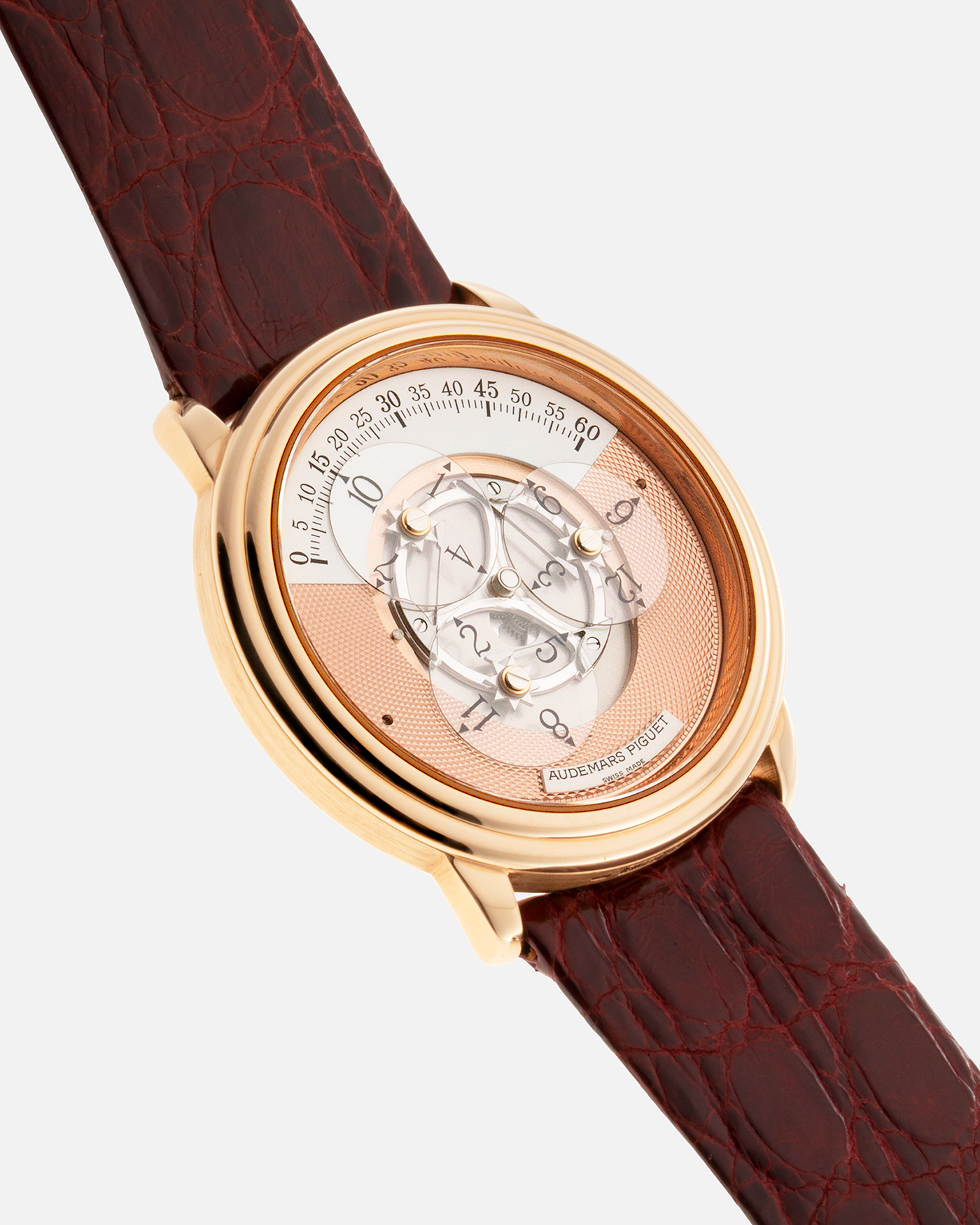 Brand: Audemars Piguet Year: 1990’s Model: Star Wheel Reference Number: 25720OR Material: 18k Rose Gold  Movement: Cal. 2224 Case Diameter: 36mm Bracelet: Audemars Piguet Red Alligator Strap and 18k Rose Gold Tang Buckle