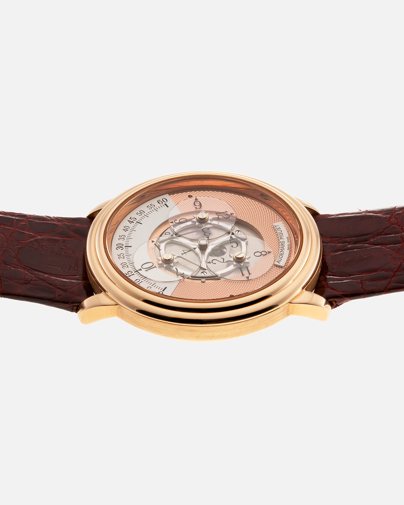 Brand: Audemars Piguet Year: 1990’s Model: Star Wheel Reference Number: 25720OR Material: 18k Rose Gold  Movement: Cal. 2224 Case Diameter: 36mm Bracelet: Audemars Piguet Red Alligator Strap and 18k Rose Gold Tang Buckle