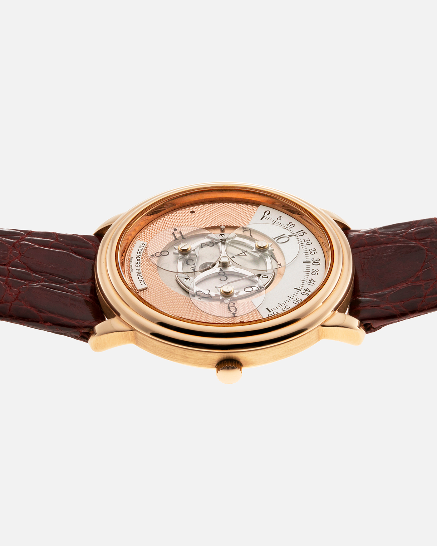 Brand: Audemars Piguet Year: 1990’s Model: Star Wheel Reference Number: 25720OR Material: 18k Rose Gold  Movement: Cal. 2224 Case Diameter: 36mm Bracelet: Audemars Piguet Red Alligator Strap and 18k Rose Gold Tang Buckle
