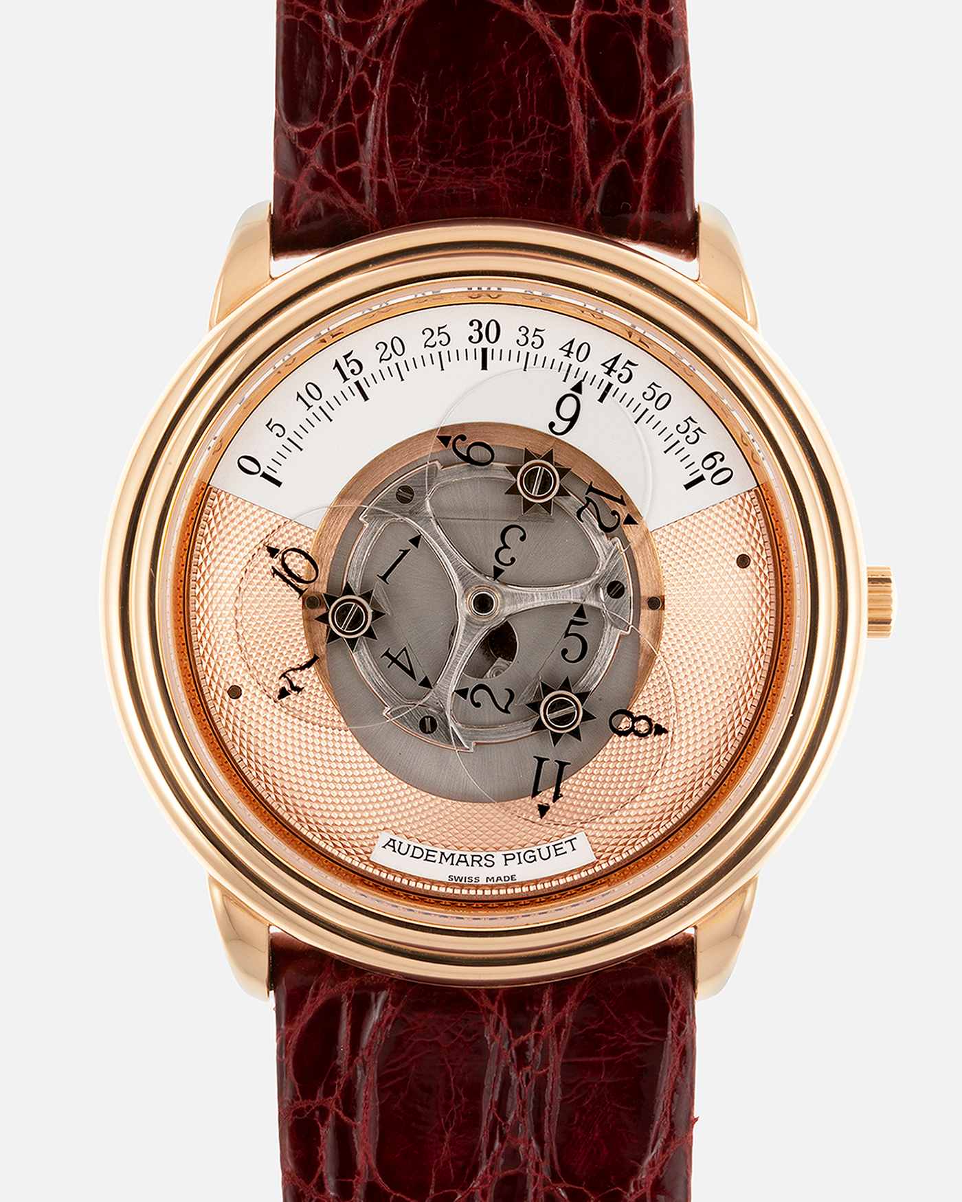 Brand: Audemars Piguet Year: 1990’s Model: Star Wheel Reference Number: 25720OR Material: 18k Rose Gold  Movement: Cal. 2224 Case Diameter: 36mm Bracelet: Audemars Piguet Red Alligator Strap and 18k Rose Gold Tang Buckle