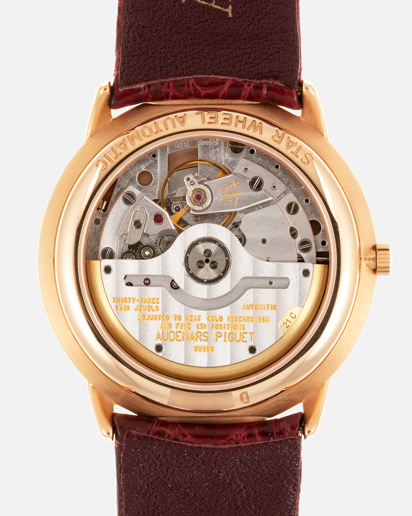 Brand: Audemars Piguet Year: 1990’s Model: Star Wheel Reference Number: 25720OR Material: 18k Rose Gold  Movement: Cal. 2224 Case Diameter: 36mm Bracelet: Audemars Piguet Red Alligator Strap and 18k Rose Gold Tang Buckle