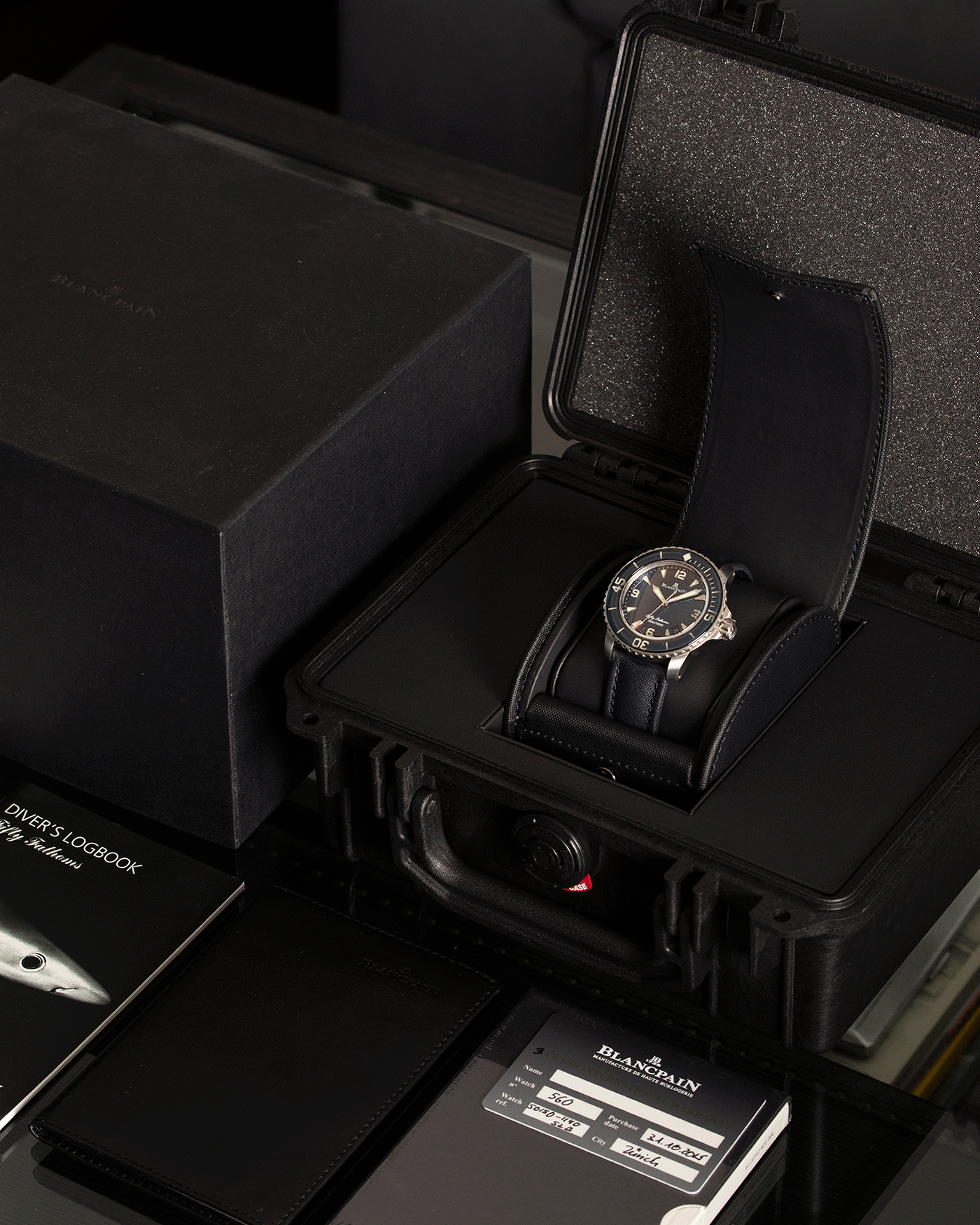 Brand: Blancpain Year: 2015 Model: Fifty Fathoms Reference Number: 5015D-1140-52B  Material: Stainless Steel Movement: Cal. 1315 Case Diameter: 45mm Bracelet/Strap: Blancpain Blue Rubberised Sailcloth Strap
