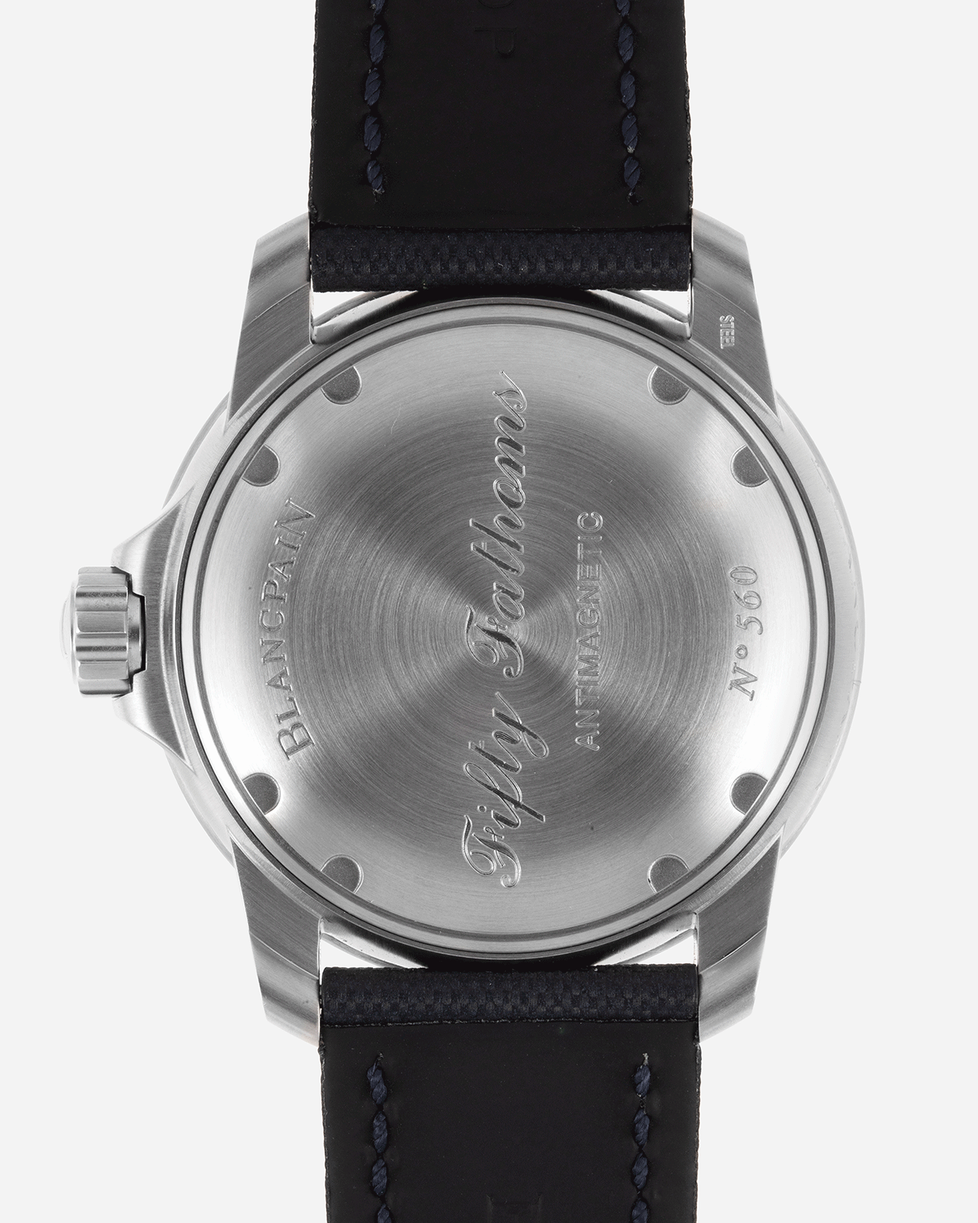 Brand: Blancpain Year: 2015 Model: Fifty Fathoms Reference Number: 5015D-1140-52B  Material: Stainless Steel Movement: Cal. 1315 Case Diameter: 45mm Bracelet/Strap: Blancpain Blue Rubberised Sailcloth Strap