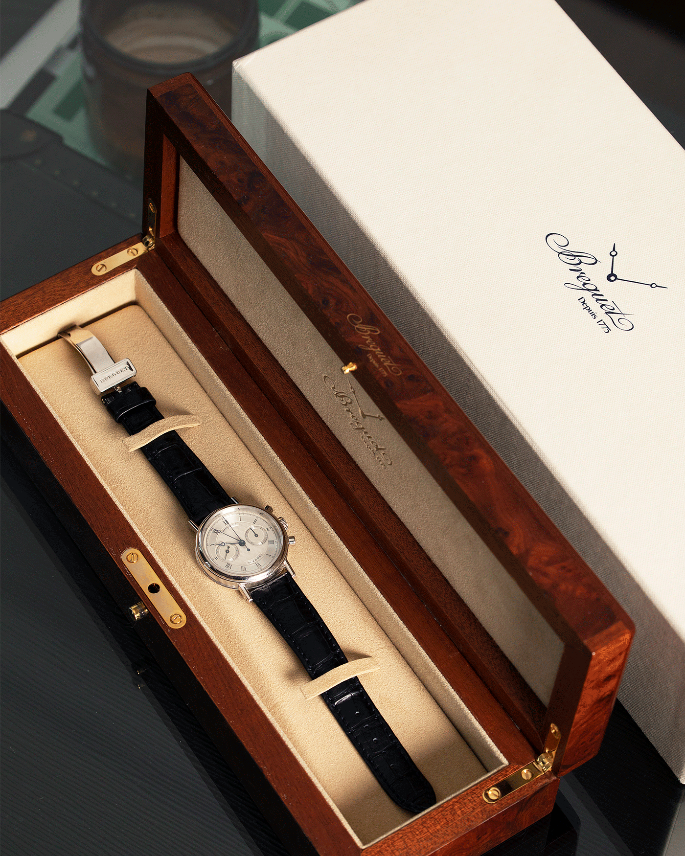 Brand: Breguet Year: 1990’s Model: 3237 Material: 18k White Gold Movement: Lemania 2310 Case Diameter: 36mm Strap: Breguet Black Alligator with Deployant ClaspBrand: Breguet Year: 1990’s Model: 3237 Material: 18k White Gold Movement: Lemania 2310 Case Diameter: 36mm Strap: Breguet Black Alligator with Deployant Clasp