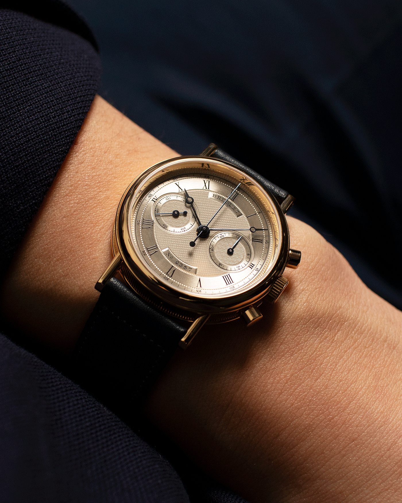 Brand: Breguet Year: 1990’s Model: 3237 Material: 18k Yellow Gold Movement: Lemania 2310 Case Diameter: 36mm Strap: Accurate Form Navy Blue Calf