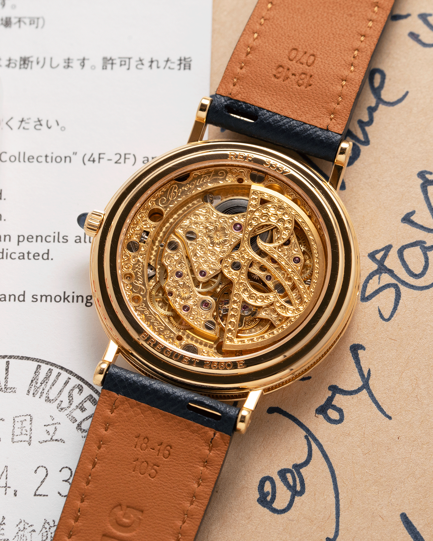 Brand: Breguet Year: 1990’s Model: 3337 Material: 18k Yellow Gold Movement: Breguet Cal. 502 Case Diameter: 36mm Strap: Molequin Navy Blue Textured Calf with 18k Yellow Gold Breguet Tang Buckle