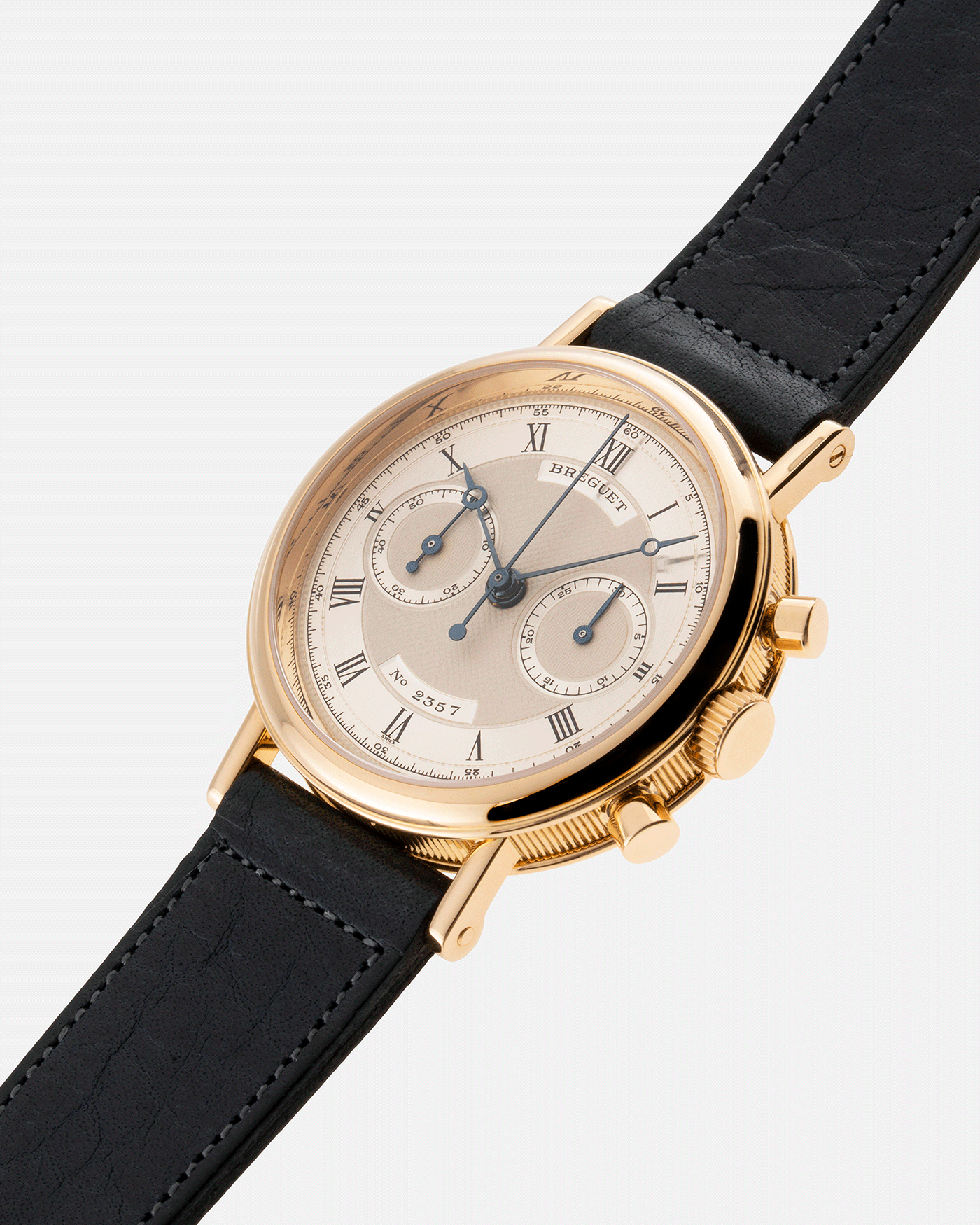 Brand: Breguet Year: 1990’s Model: 3237 Material: 18k Yellow Gold Movement: Lemania 2310 Case Diameter: 36mm Strap: Accurate Form Navy Blue Calf