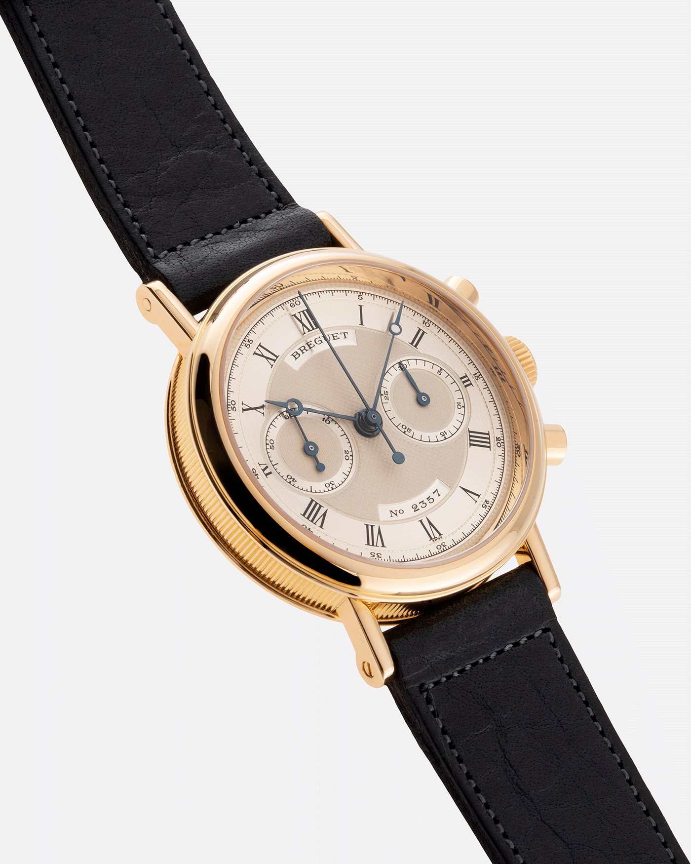 Brand: Breguet Year: 1990’s Model: 3237 Material: 18k Yellow Gold Movement: Lemania 2310 Case Diameter: 36mm Strap: Accurate Form Navy Blue Calf