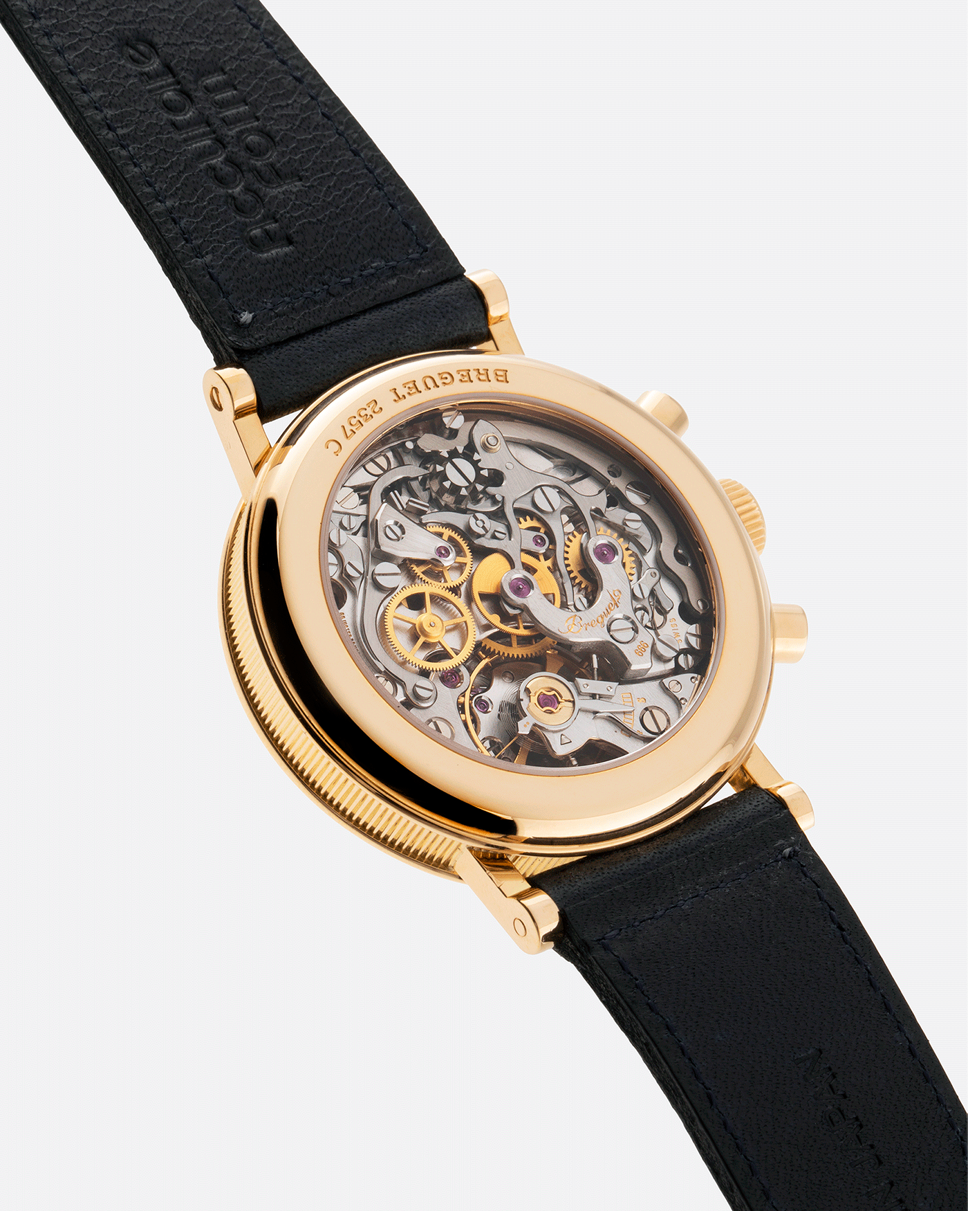 Brand: Breguet Year: 1990’s Model: 3237 Material: 18k Yellow Gold Movement: Lemania 2310 Case Diameter: 36mm Strap: Accurate Form Navy Blue Calf
