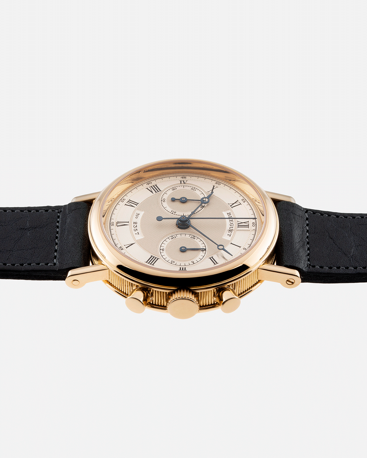 Brand: Breguet Year: 1990’s Model: 3237 Material: 18k Yellow Gold Movement: Lemania 2310 Case Diameter: 36mm Strap: Accurate Form Navy Blue Calf