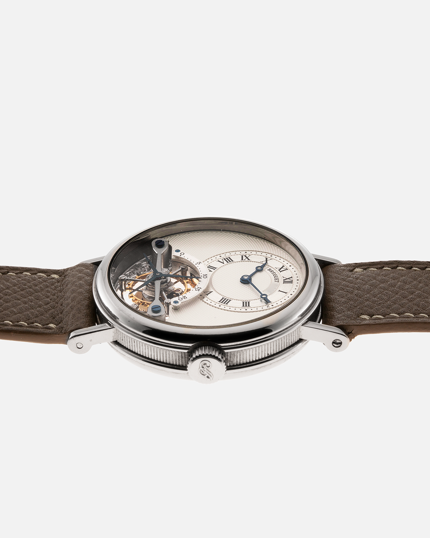 Brand: Breguet Year: 1990’s Model: Classique Tourbillon Reference: 3357 Material: 18-carat White Gold Movement: Breguet Cal. 558, Self-Winding Case Diameter: 36mm Strap: Taupe Calf Grained Strap with Signed 18-carat White Gold Deployant Clasp