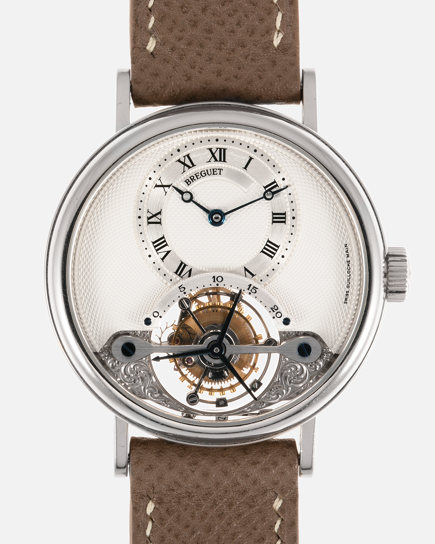 Brand: Breguet Year: 1990’s Model: Classique Tourbillon Reference: 3357 Material: 18-carat White Gold Movement: Breguet Cal. 558, Self-Winding Case Diameter: 36mm Strap: Taupe Calf Grained Strap with Signed 18-carat White Gold Deployant Clasp