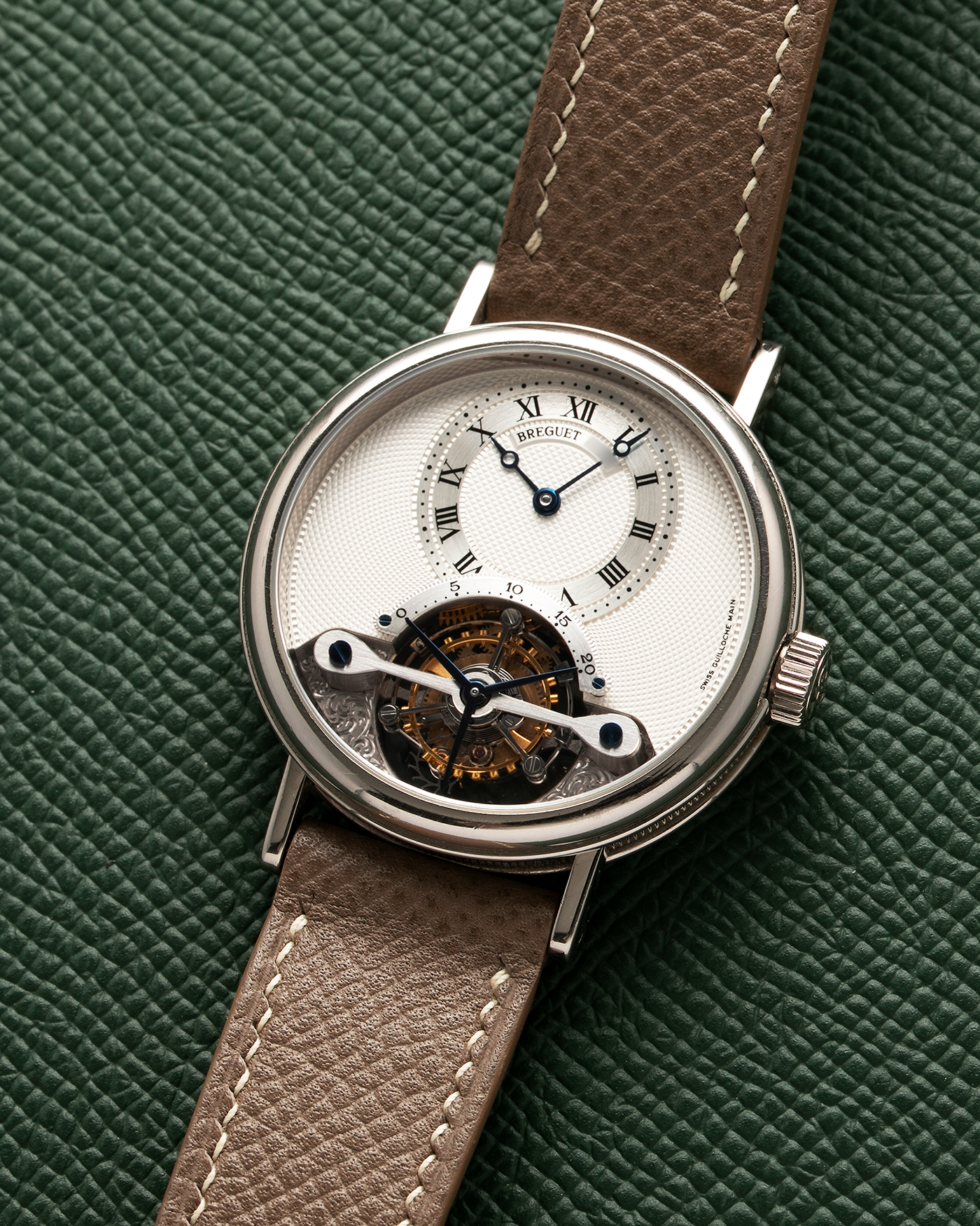 Brand: Breguet Year: 1990’s Model: Classique Tourbillon Reference: 3357 Material: 18-carat White Gold Movement: Breguet Cal. 558, Self-Winding Case Diameter: 36mm Strap: Taupe Calf Grained Strap with Signed 18-carat White Gold Deployant Clasp