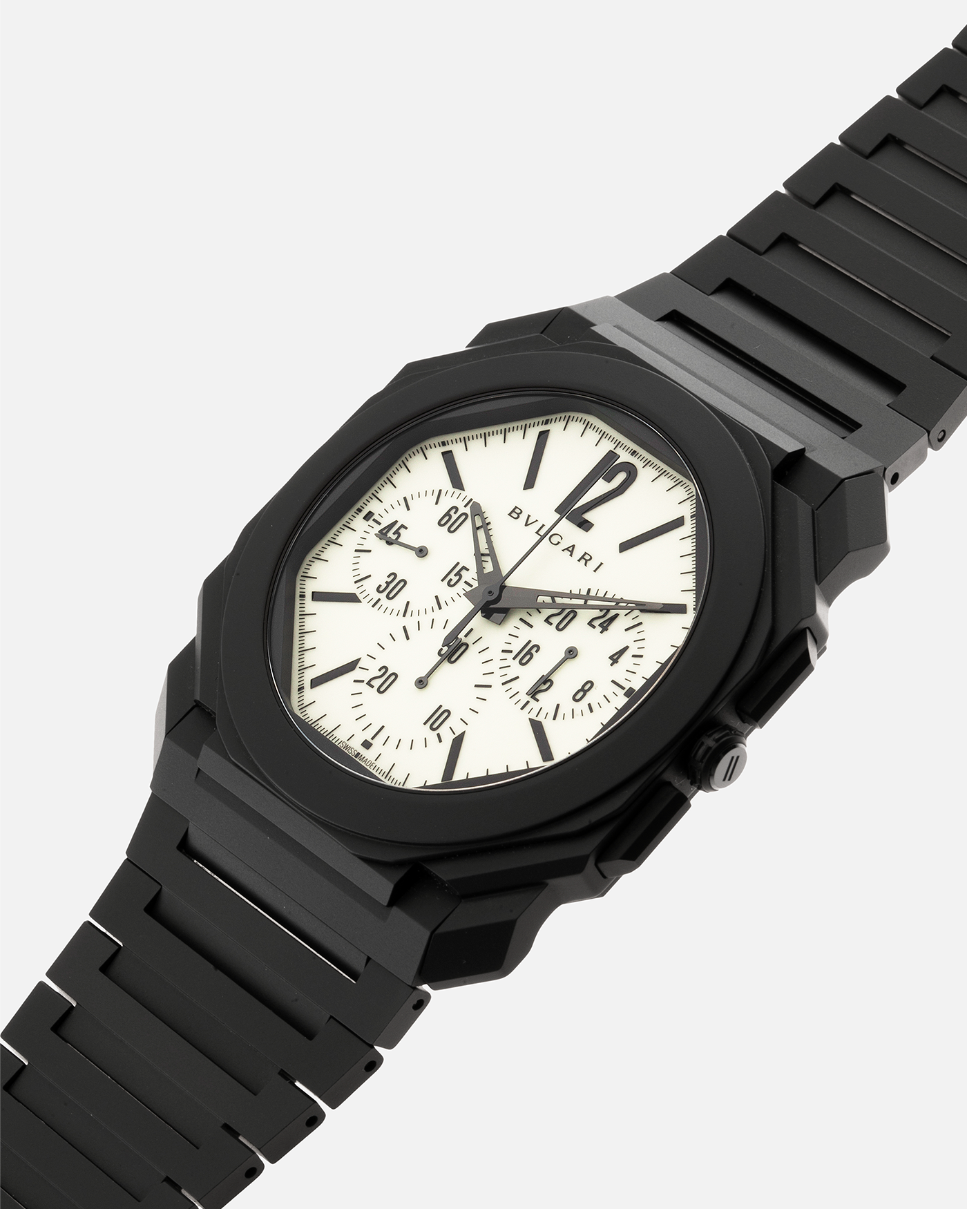 Brand: Bvlgari Year: 2021 Model: Octo Finissimo Nuclear Option for the Rake and Revolution Material: Sand Blasted Black Ceramic Movement: Bvlgari BVL 318 Case Diameter: 40mm Bracelet: Bvlgari Integrated Sand Blasted Ceramic Bracelet