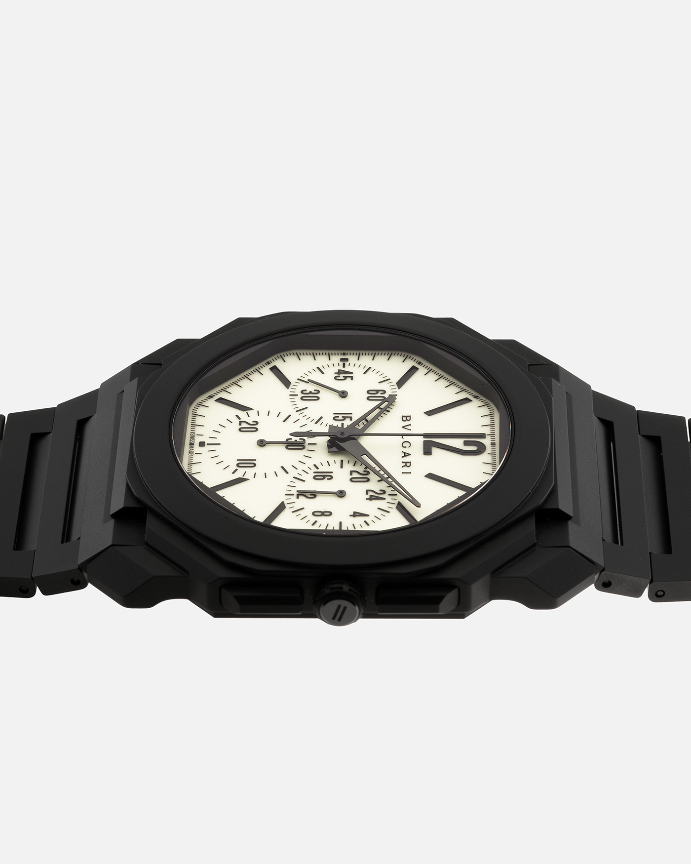 Brand: Bvlgari Year: 2021 Model: Octo Finissimo Nuclear Option for the Rake and Revolution Material: Sand Blasted Black Ceramic Movement: Bvlgari BVL 318 Case Diameter: 40mm Bracelet: Bvlgari Integrated Sand Blasted Ceramic Bracelet