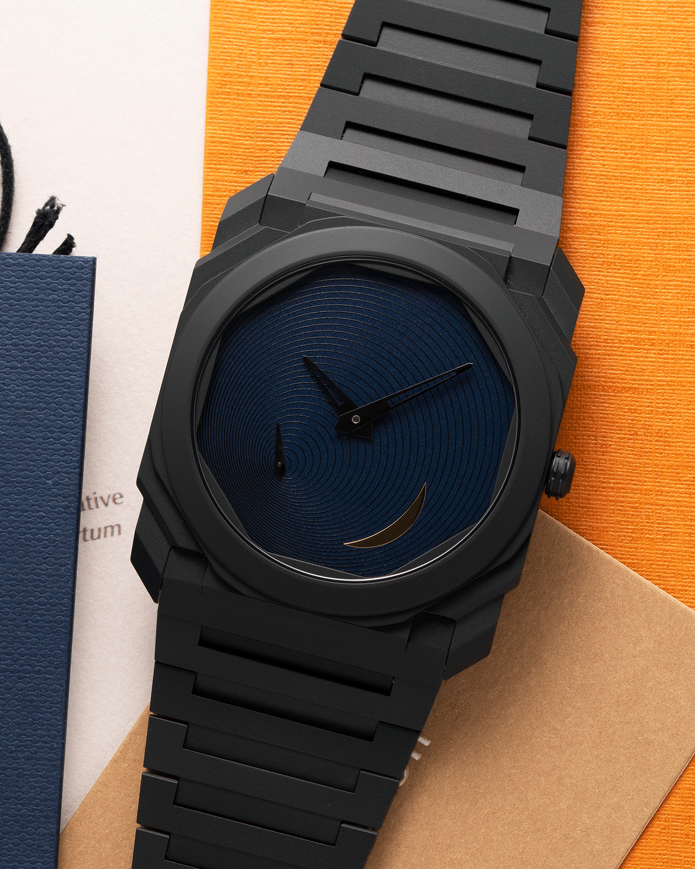 Brand: Bvlgari Year: 2021 Model: Octo Finissimo Tadao Ando Ref Number: 103534 Material: Sand Blasted Black Ceramic Movement: In-House Micro-Rotor BVL 138 Case Diameter: 40mm Bracelet: Bvlgari Integrated Sand Blasted Ceramic Bracelet