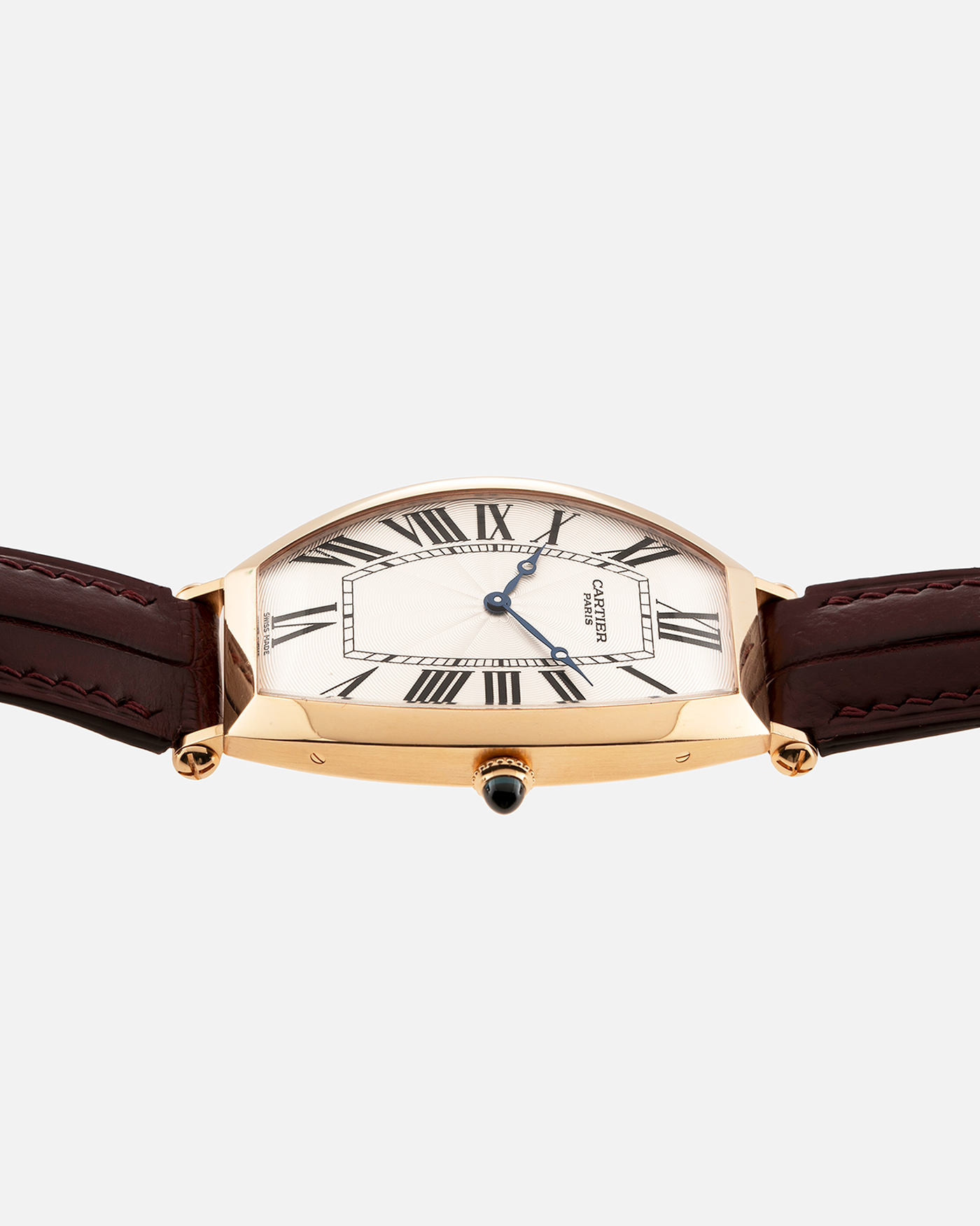 Brand: Cartier Year: 2006 Model: CPCP Collection Prive Tonneau XL Reference: 2802H Material: 18k Rose Gold Movement: Can 9790MC Case Diameter: 43.4mmX29.4mm Strap: Cartier Oxblood Alligator Strap with 18k Rose Gold Deployant Clasp