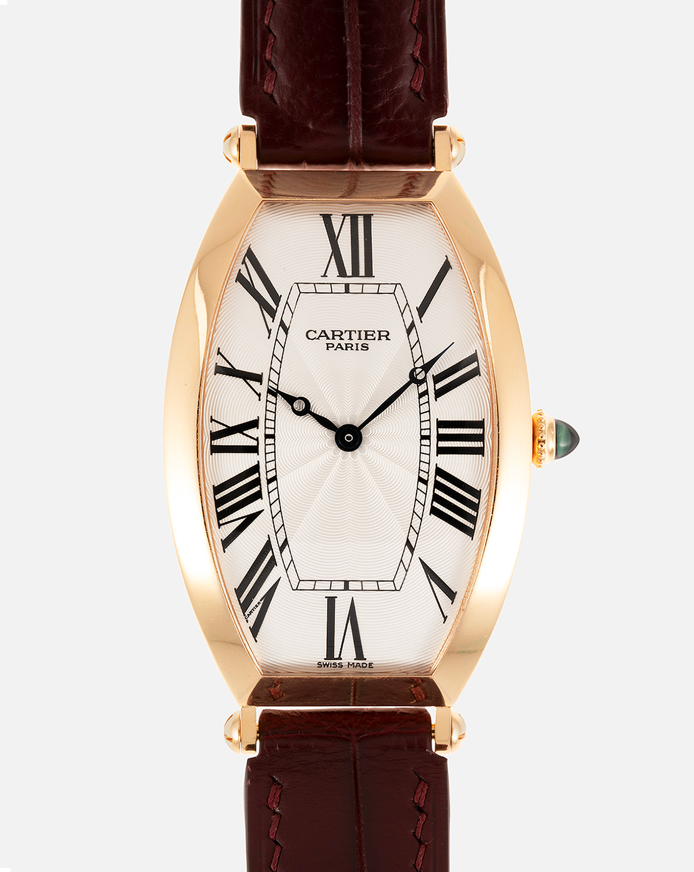 Brand: Cartier Year: 2006 Model: CPCP Collection Prive Tonneau XL Reference: 2802H Material: 18k Rose Gold Movement: Can 9790MC Case Diameter: 43.4mmX29.4mm Strap: Cartier Oxblood Alligator Strap with 18k Rose Gold Deployant Clasp