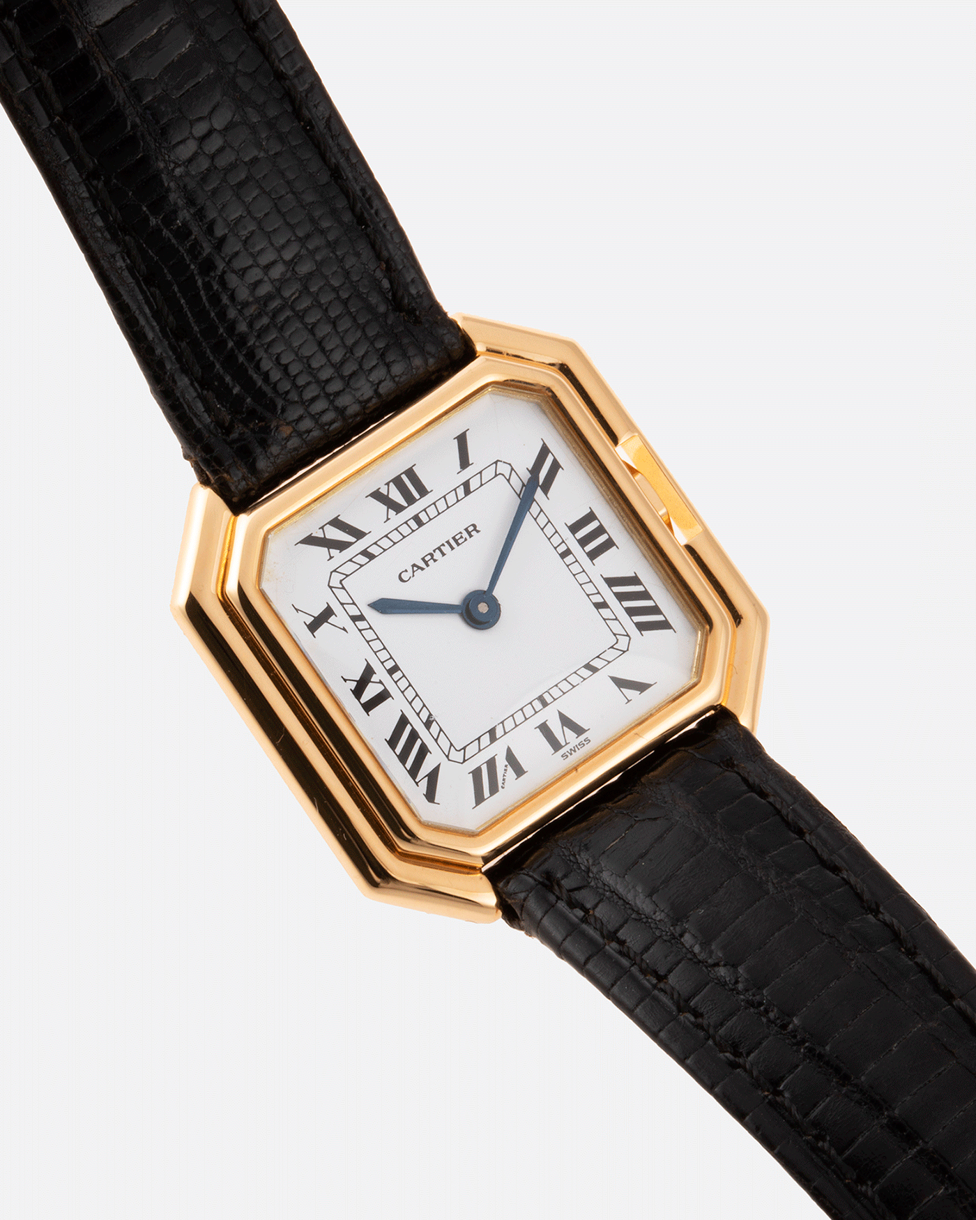 Brand: Cartier Year: 1970s Model: Ceinture Material: 18k Yellow Gold Movement: Manually Wound Cartier Cal. 78.1 Case Diameter: 25mm X 27mm Lug Width: 16mm Bracelet/Strap: Black Textured Leather Strap with Yellow Gold Cartier Buckle
