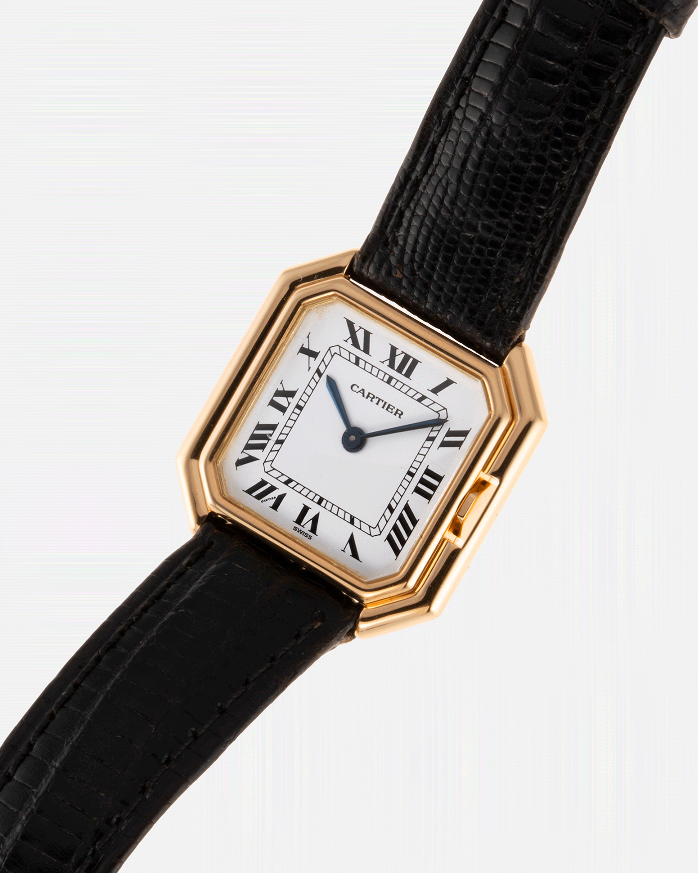 Brand: Cartier Year: 1970s Model: Ceinture Material: 18k Yellow Gold Movement: Manually Wound Cartier Cal. 78.1 Case Diameter: 25mm X 27mm Lug Width: 16mm Bracelet/Strap: Black Textured Leather Strap with Yellow Gold Cartier Buckle