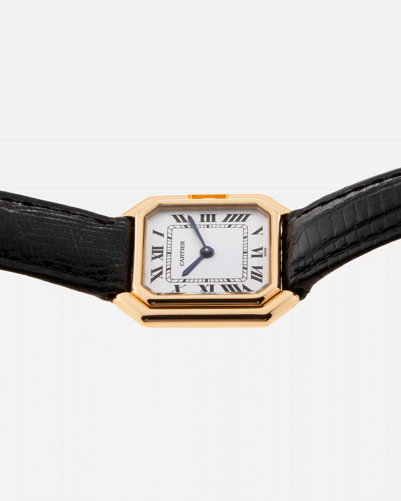 Brand: Cartier Year: 1970s Model: Ceinture Material: 18k Yellow Gold Movement: Manually Wound Cartier Cal. 78.1 Case Diameter: 25mm X 27mm Lug Width: 16mm Bracelet/Strap: Black Textured Leather Strap with Yellow Gold Cartier Buckle