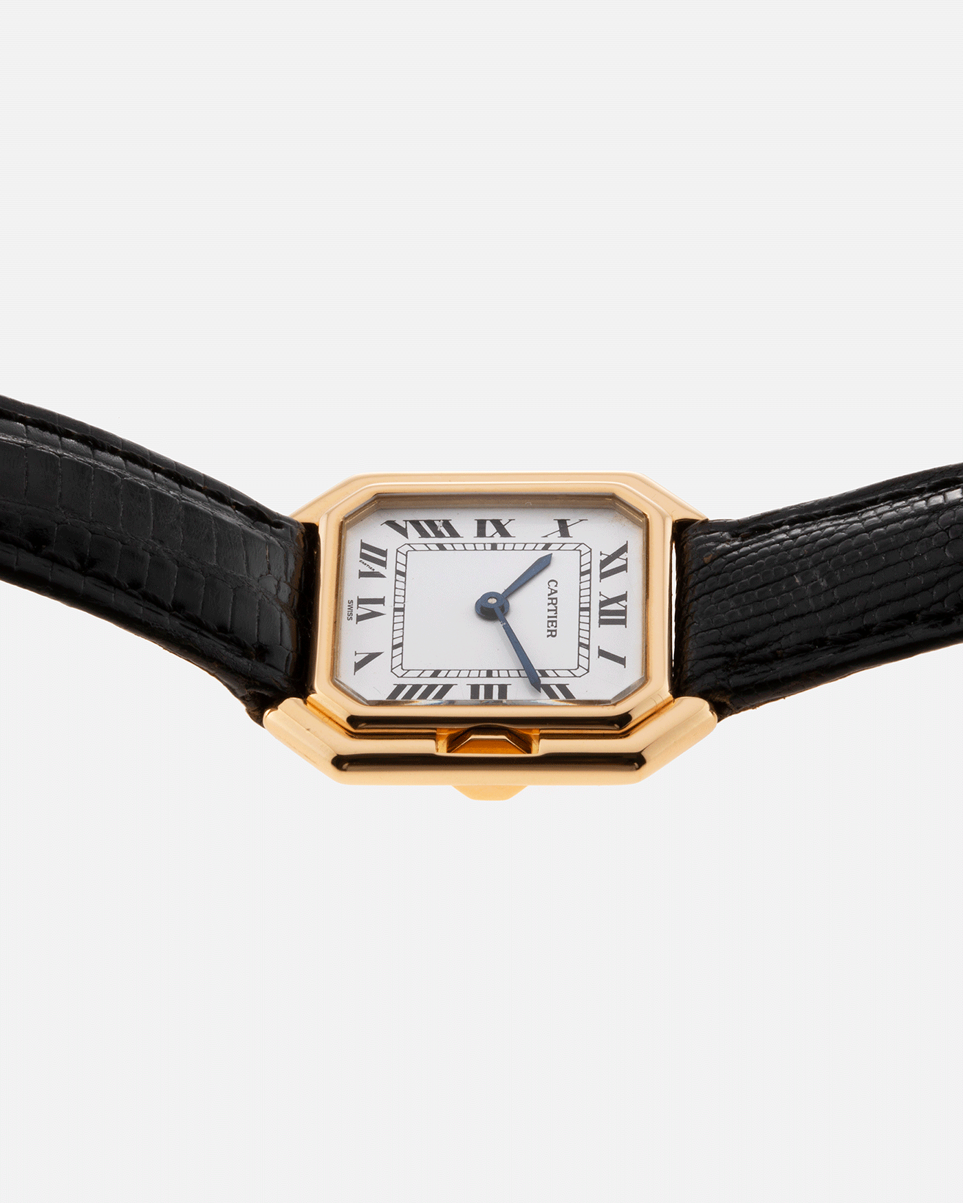 Brand: Cartier Year: 1970s Model: Ceinture Material: 18k Yellow Gold Movement: Manually Wound Cartier Cal. 78.1 Case Diameter: 25mm X 27mm Lug Width: 16mm Bracelet/Strap: Black Textured Leather Strap with Yellow Gold Cartier Buckle