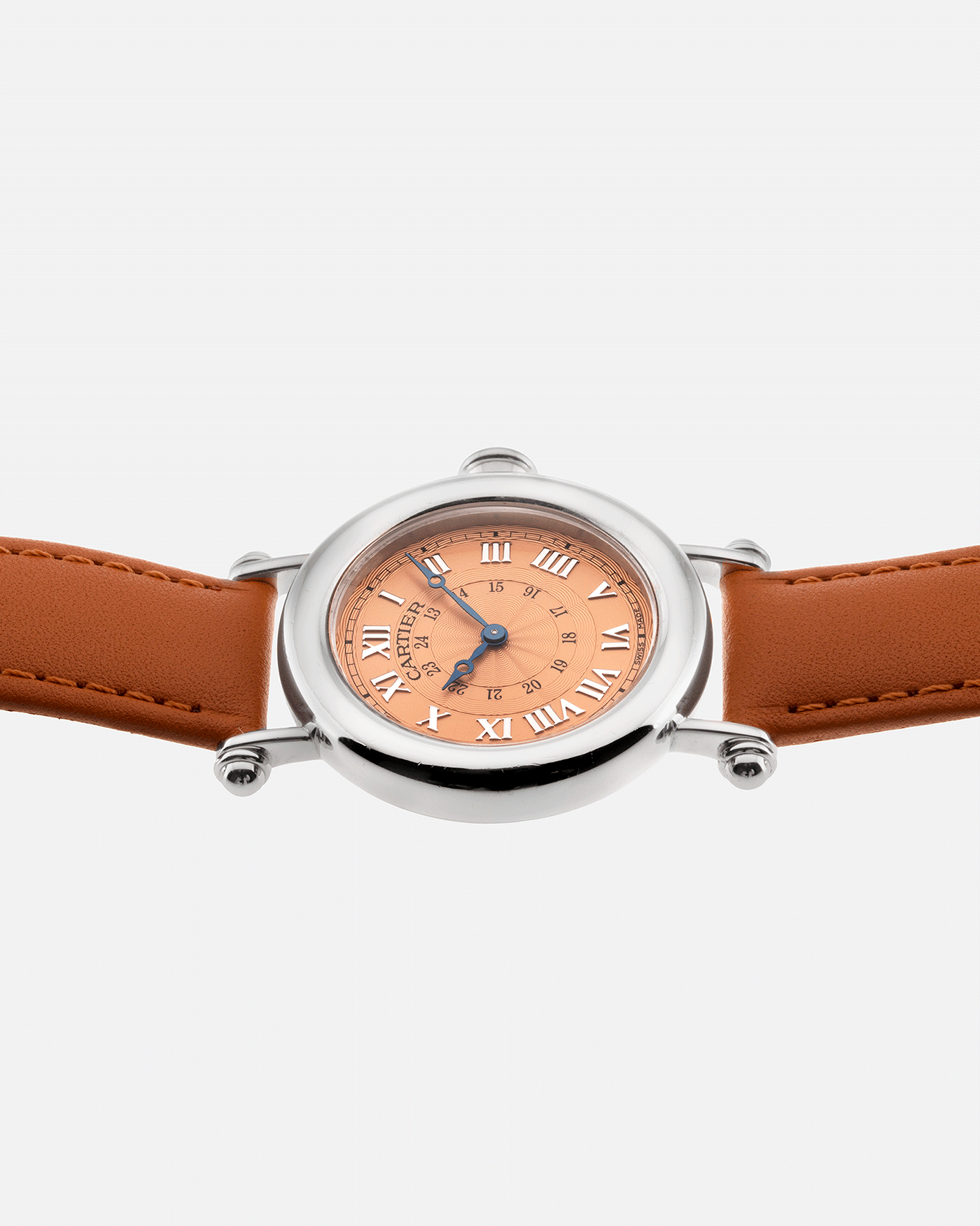 Brand: Cartier Year: 1990’s Model: Diabolo Salmon LE 50 Pieces Reference:1462 Material: Platinum Movement: Manually Wound Cartier Cal. 9P2 Case Diameter: 32mm Strap: Chestnut Carter Strap with 18k White Gold Deployant