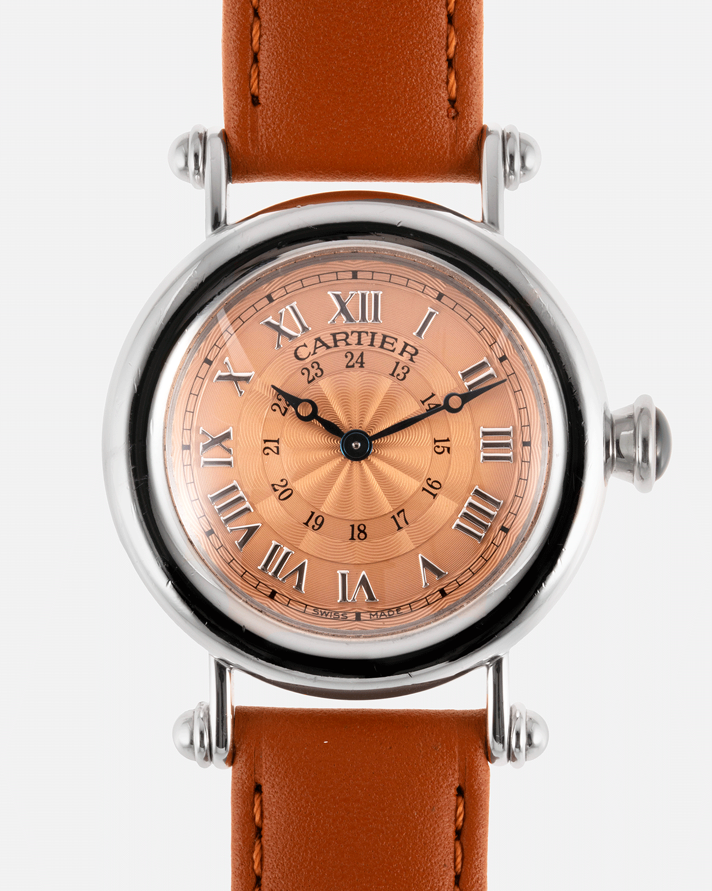 Brand: Cartier Year: 1990’s Model: Diabolo Salmon LE 50 Pieces Reference:1462 Material: Platinum Movement: Manually Wound Cartier Cal. 9P2 Case Diameter: 32mm Strap: Chestnut Carter Strap with 18k White Gold Deployant