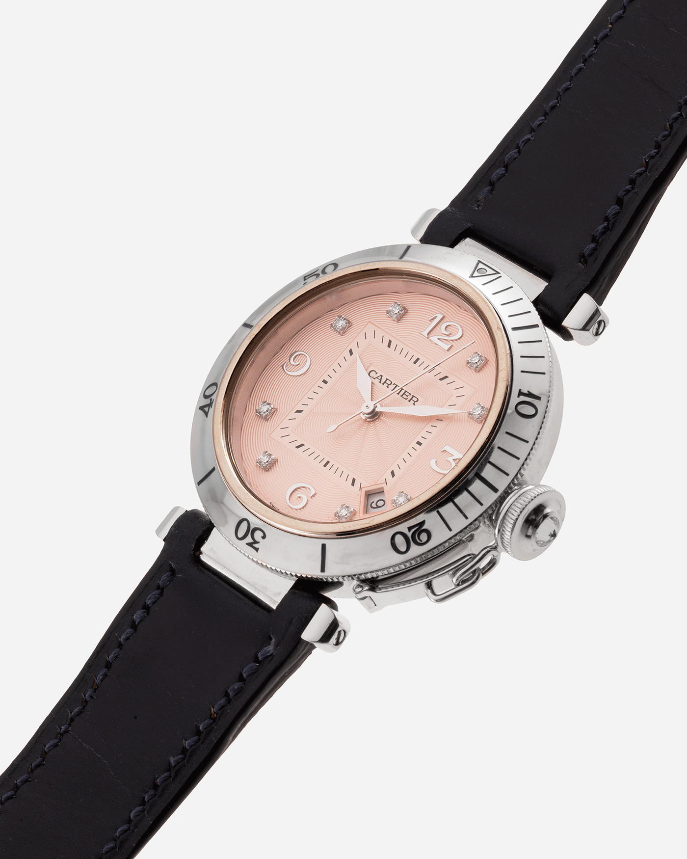 Brand: Cartier Year: 2000’s Model: Pasha 38 Reference: 2353 Material: 18k White Gold Movement: Cartier Self-Winding Cal. 191 Case Diameter: 38mm Strap: Custom Nostime Blue Leather Strap with 18k White Gold Cartier Deployant