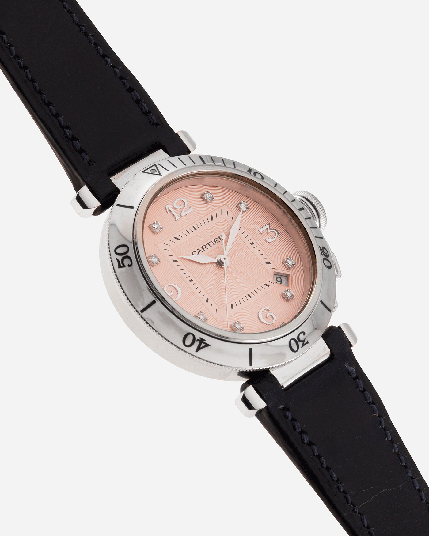 Brand: Cartier Year: 2000’s Model: Pasha 38 Reference: 2353 Material: 18k White Gold Movement: Cartier Self-Winding Cal. 191 Case Diameter: 38mm Strap: Custom Nostime Blue Leather Strap with 18k White Gold Cartier Deployant