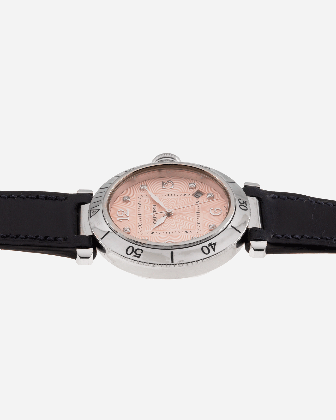 Brand: Cartier Year: 2000’s Model: Pasha 38 Reference: 2353 Material: 18k White Gold Movement: Cartier Self-Winding Cal. 191 Case Diameter: 38mm Strap: Custom Nostime Blue Leather Strap with 18k White Gold Cartier Deployant