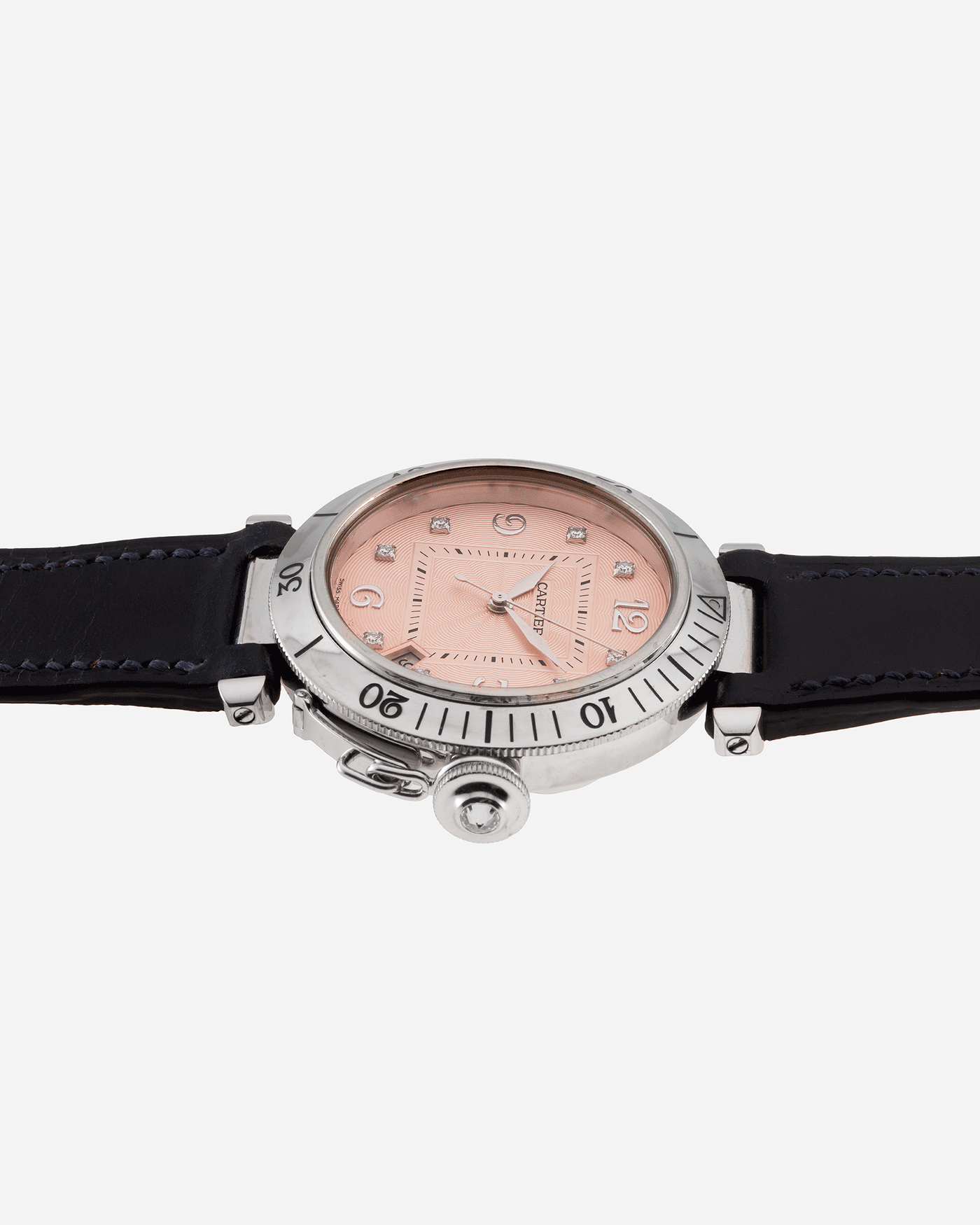 Brand: Cartier Year: 2000’s Model: Pasha 38 Reference: 2353 Material: 18k White Gold Movement: Cartier Self-Winding Cal. 191 Case Diameter: 38mm Strap: Custom Nostime Blue Leather Strap with 18k White Gold Cartier Deployant