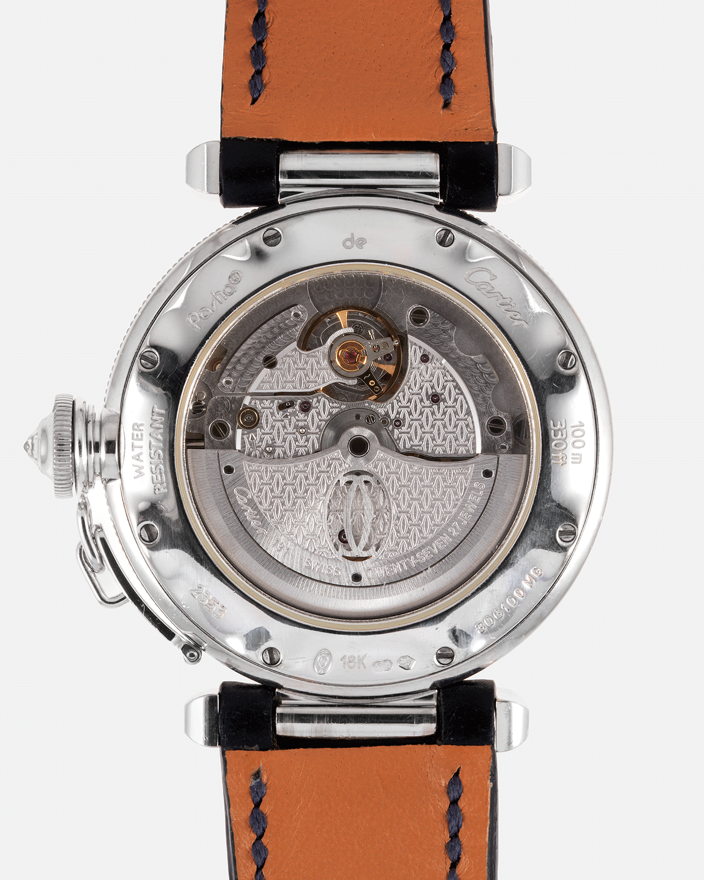 Brand: Cartier Year: 2000’s Model: Pasha 38 Reference: 2353 Material: 18k White Gold Movement: Cartier Self-Winding Cal. 191 Case Diameter: 38mm Strap: Custom Nostime Blue Leather Strap with 18k White Gold Cartier Deployant