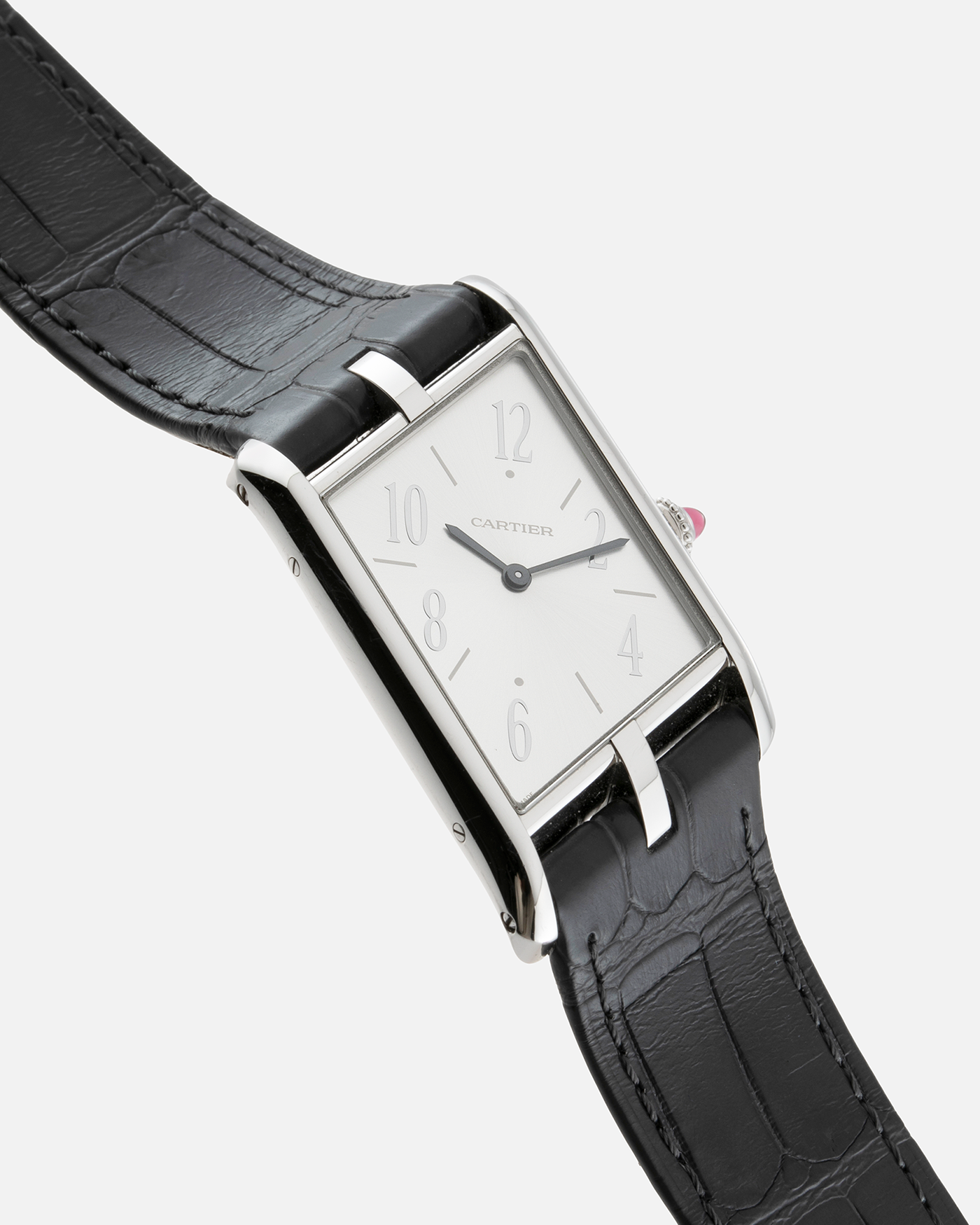 Brand: Cartier Year: 2020 Model: Privé Tank Asymétrique Platinum Reference: WGTA0042 Material: Platinum Movement: Cal. 1917MC, Manual-Winding Case Diameter: 47.15mm x 26.2mm x 6.38mm Strap: Cartier Grey Alligator Leather with Signed Tang Buckle  