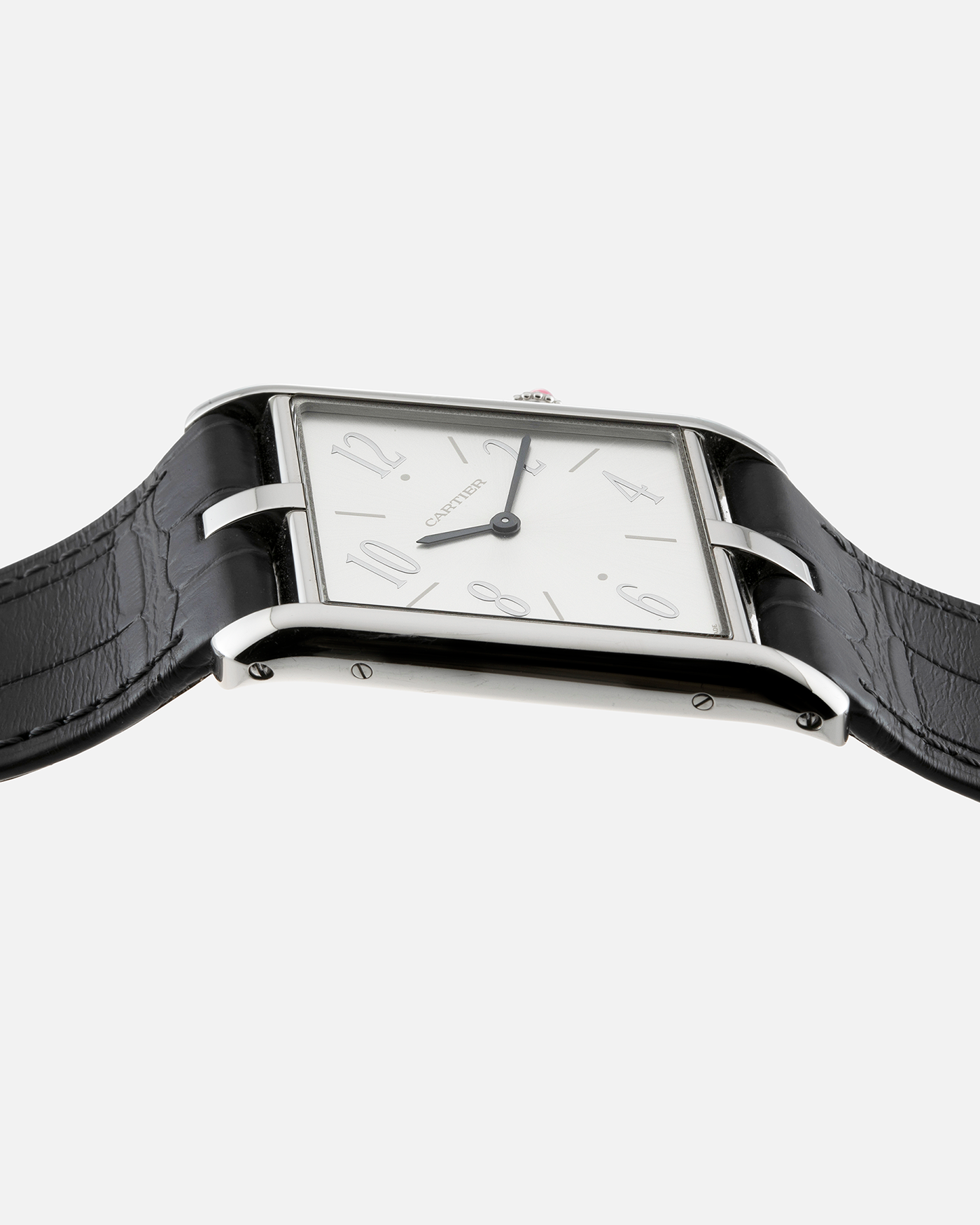 Brand: Cartier Year: 2020 Model: Privé Tank Asymétrique Platinum Reference: WGTA0042 Material: Platinum Movement: Cal. 1917MC, Manual-Winding Case Diameter: 47.15mm x 26.2mm x 6.38mm Strap: Cartier Grey Alligator Leather with Signed Tang Buckle  