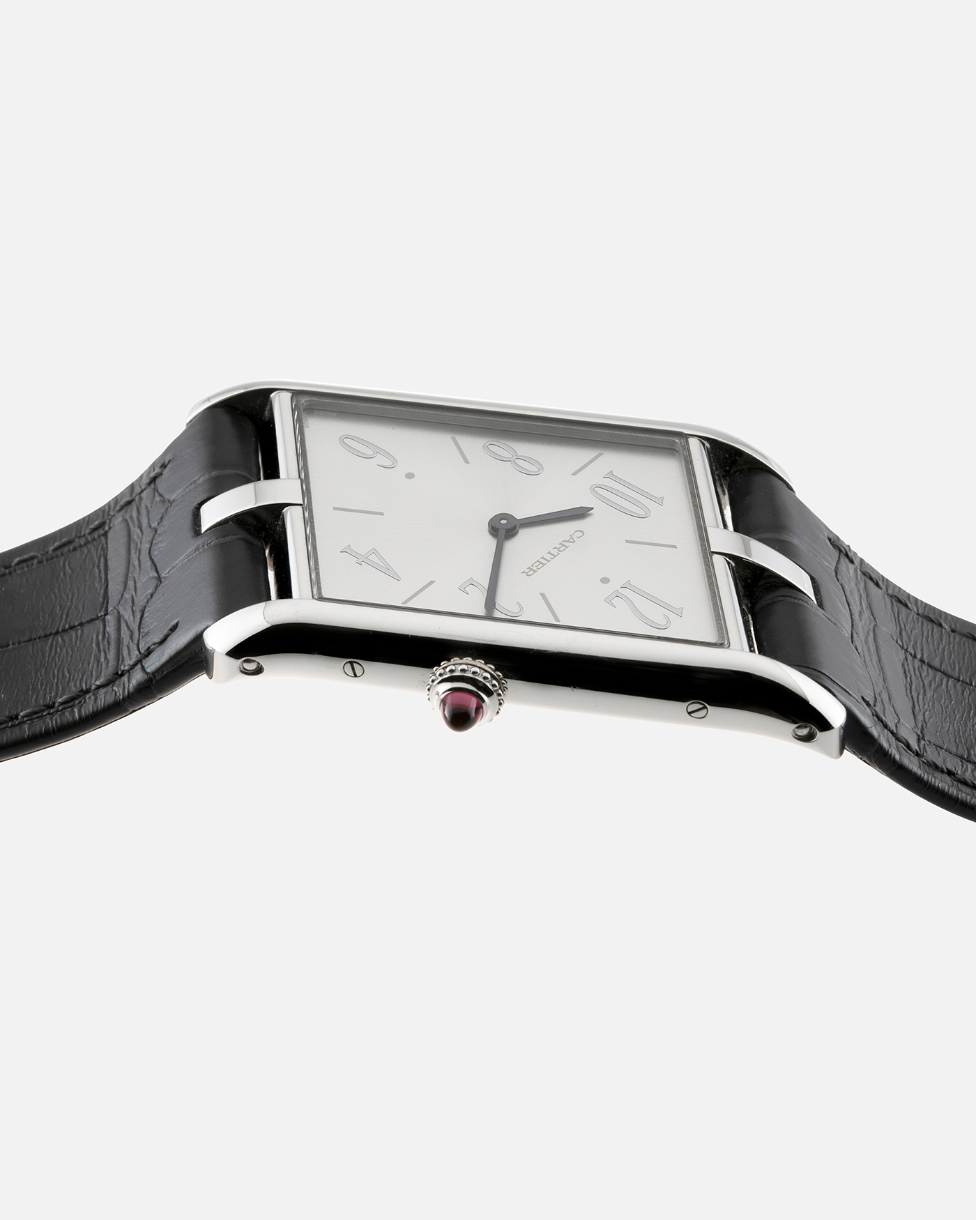 Brand: Cartier Year: 2020 Model: Privé Tank Asymétrique Platinum Reference: WGTA0042 Material: Platinum Movement: Cal. 1917MC, Manual-Winding Case Diameter: 47.15mm x 26.2mm x 6.38mm Strap: Cartier Grey Alligator Leather with Signed Tang Buckle  