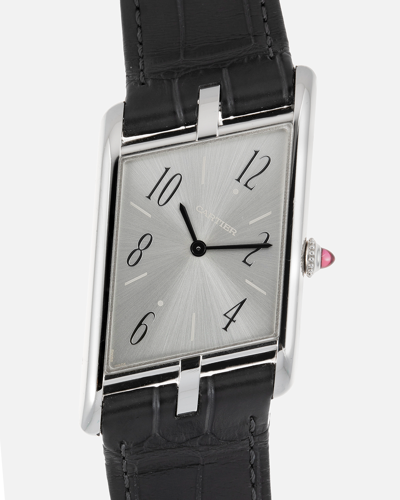 Brand: Cartier Year: 2020 Model: Privé Tank Asymétrique Platinum Reference: WGTA0042 Material: Platinum Movement: Cal. 1917MC, Manual-Winding Case Diameter: 47.15mm x 26.2mm x 6.38mm Strap: Cartier Grey Alligator Leather with Signed Tang Buckle  