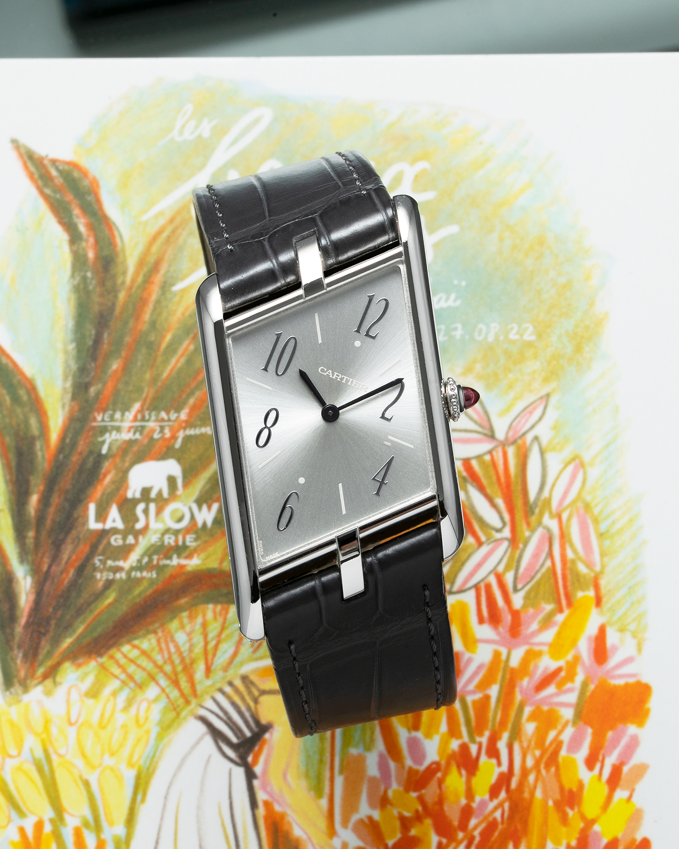 Brand: Cartier Year: 2020 Model: Privé Tank Asymétrique Platinum Reference: WGTA0042 Material: Platinum Movement: Cal. 1917MC, Manual-Winding Case Diameter: 47.15mm x 26.2mm x 6.38mm Strap: Cartier Grey Alligator Leather with Signed Tang Buckle  