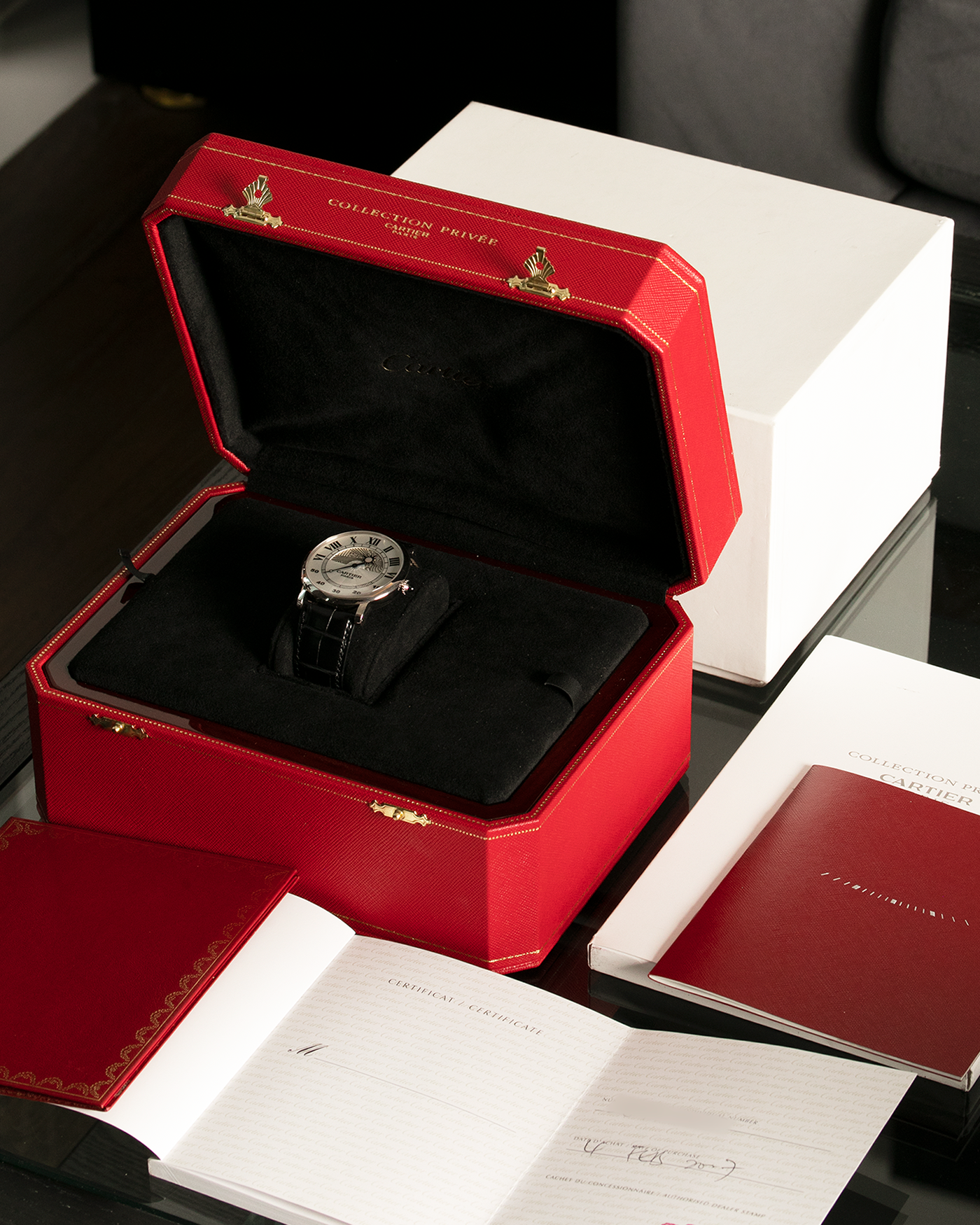 Brand: Cartier Year: 2007 Model: CPCP Rotonde Jour Et Nuit Material: Platinum Movement: Cal. 9903 MC Case Diameter: 42mm Strap: Black Cartier Alligator Strap with 18k White Gold Deployant