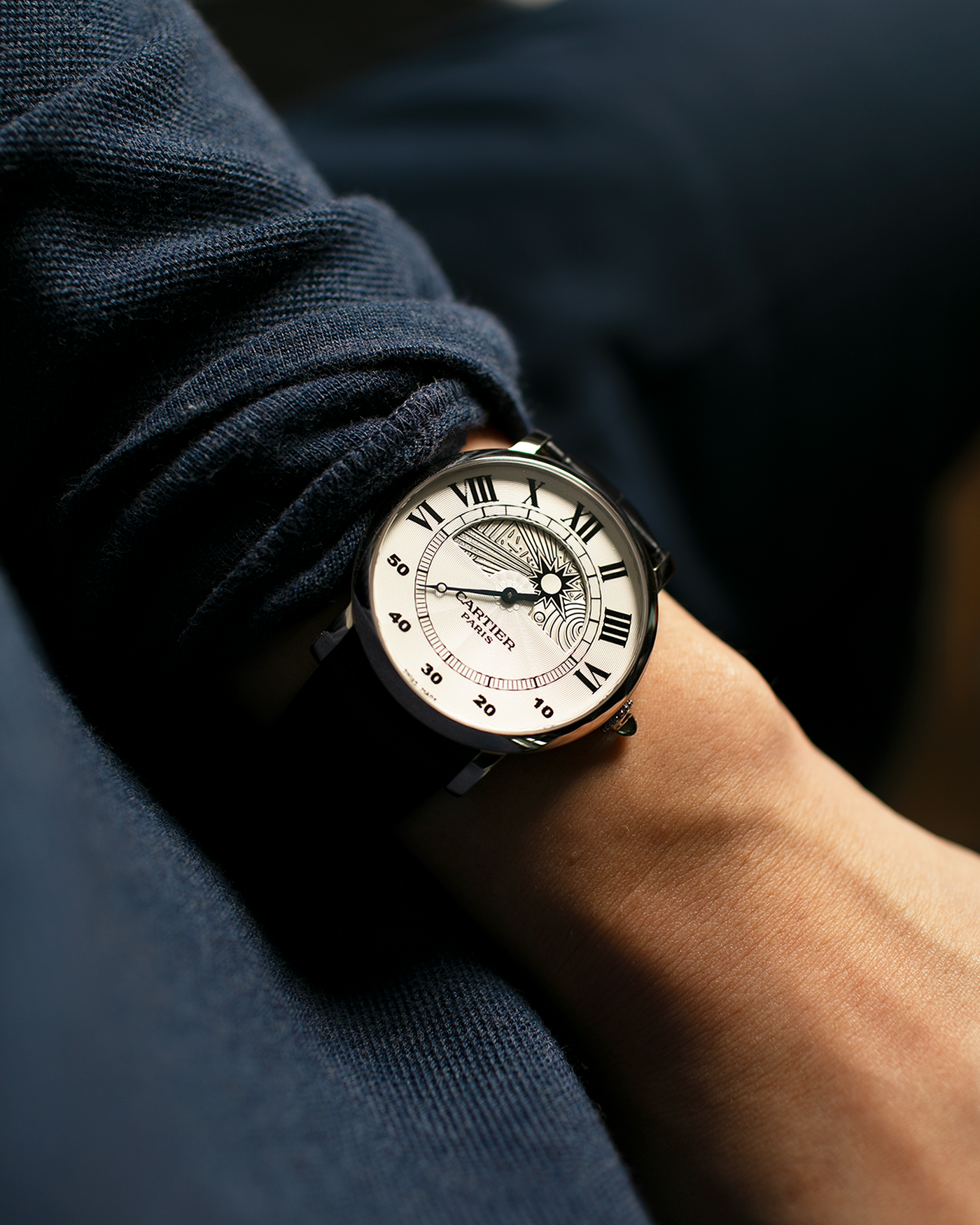 Brand: Cartier Year: 2007 Model: CPCP Rotonde Jour Et Nuit Material: Platinum Movement: Cal. 9903 MC Case Diameter: 42mm Strap: Black Cartier Alligator Strap with 18k White Gold Deployant