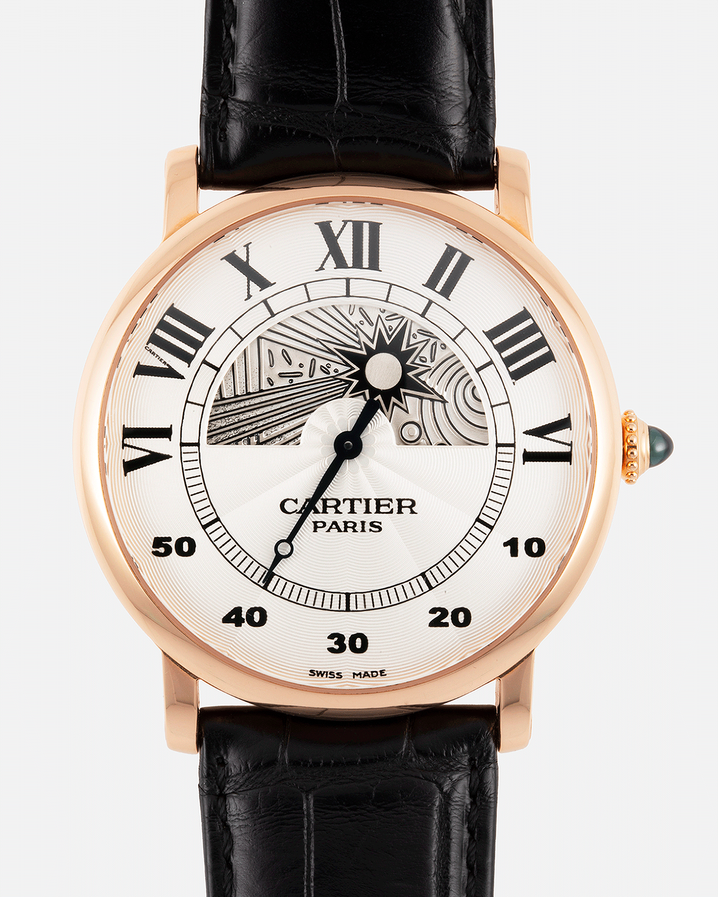 Brand: Cartier Year: 2000’s Model: CPCP Rotonde Jour Et Nuit Reference: 28721 Material: 18k Rose Gold Movement: Cal. 9903 MC Case Diameter: 42mm Strap: Black Cartier Alligator Strap with 18k Rose Gold Deployant