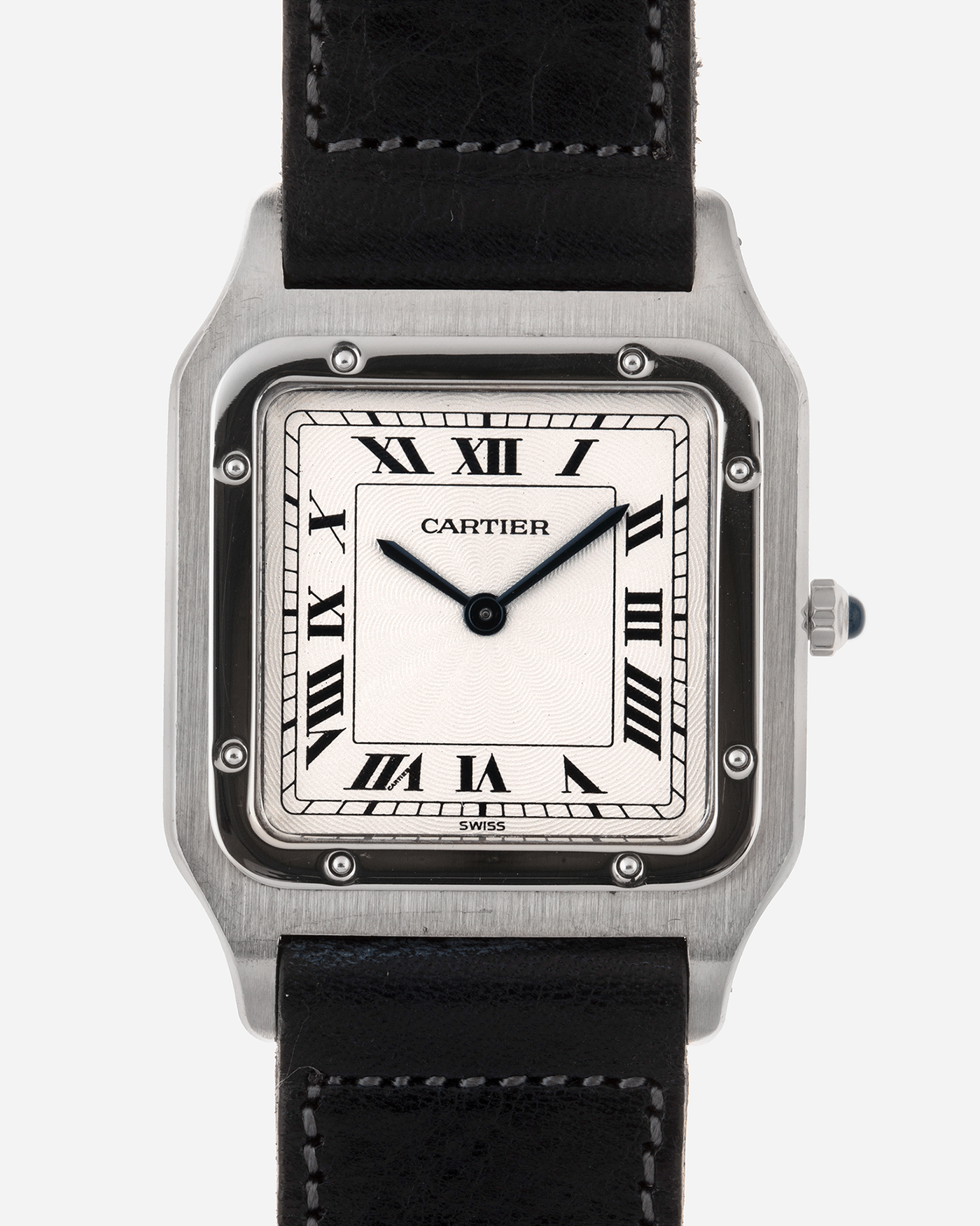 Brand: Cartier Year: 1990s Model: Santos Dumont Reference: 1575 Material: Platinum Movement: F.Piguet 21 Case Diameter: 27mm Strap: Accurate Form Navy Blue Japanese Calf and 18k White Gold Cartier Tang Buckle