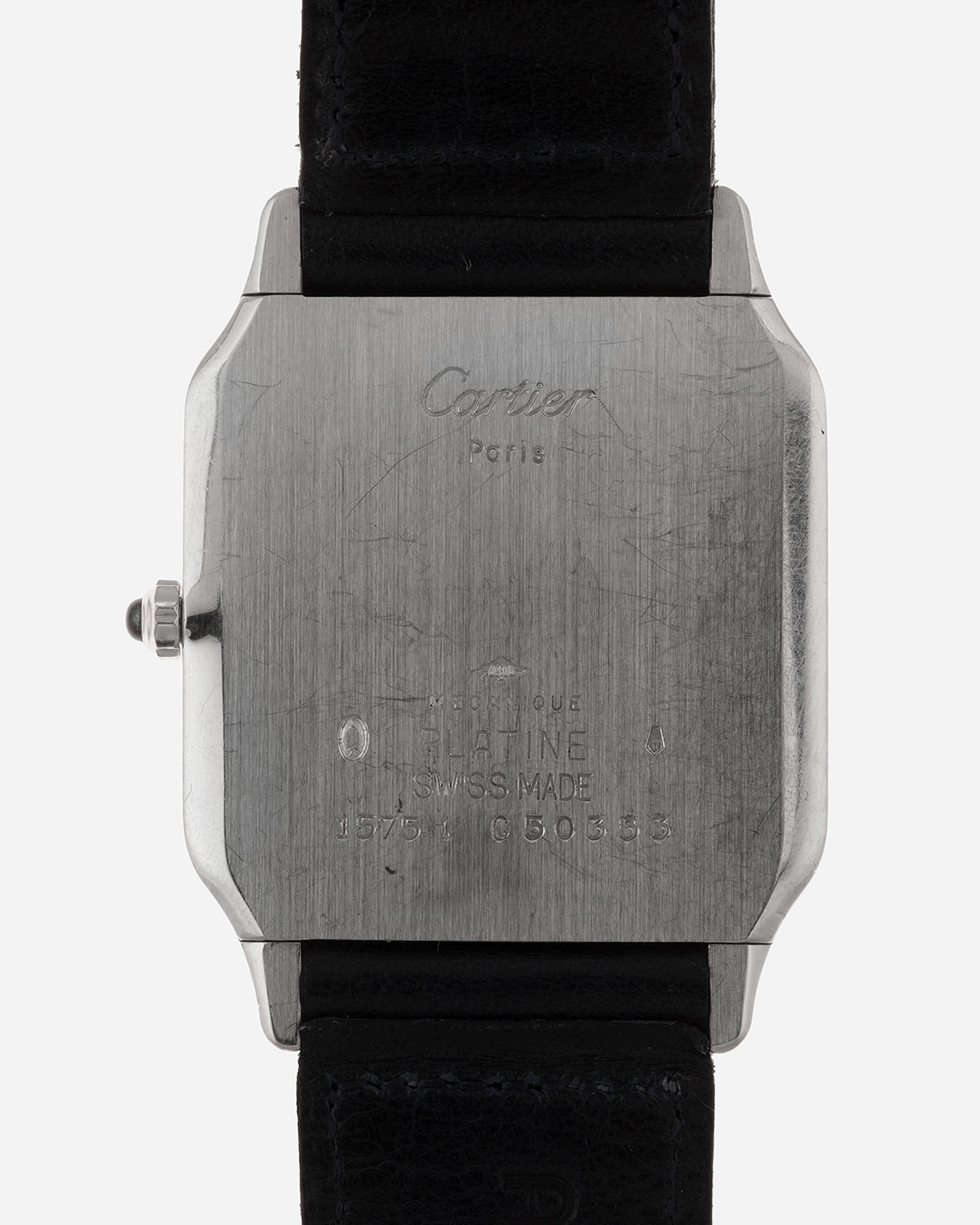 Brand: Cartier Year: 1990s Model: Santos Dumont Reference: 1575 Material: Platinum Movement: F.Piguet 21 Case Diameter: 27mm Strap: Accurate Form Navy Blue Japanese Calf and 18k White Gold Cartier Tang Buckle