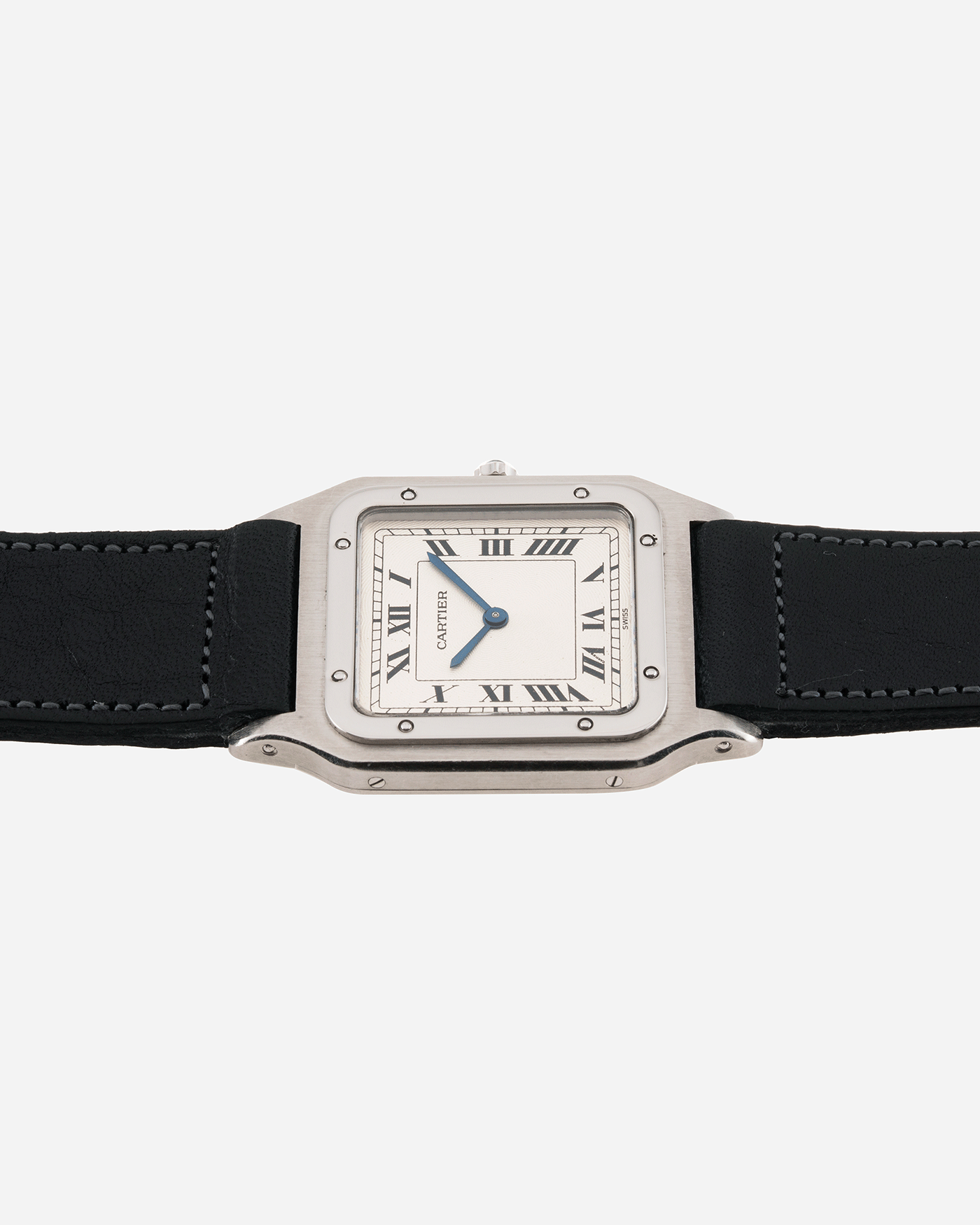 Brand: Cartier Year: 1990s Model: Santos Dumont Reference: 1575 Material: Platinum Movement: F.Piguet 21 Case Diameter: 27mm Strap: Accurate Form Navy Blue Japanese Calf and 18k White Gold Cartier Tang Buckle