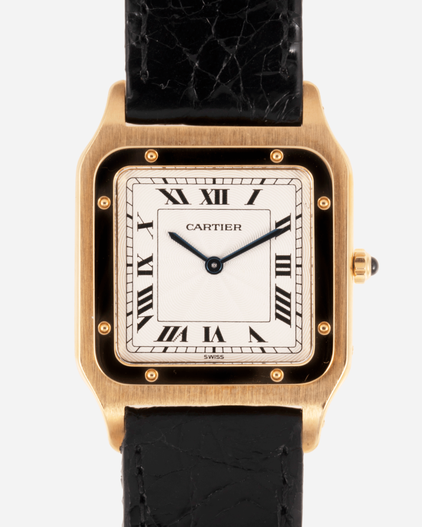 Brand: Cartier Year: 1990s Model: Santos Dumont Reference: 1576 Material: 18k Yellow Gold Movement: F.Piguet 21 Case Diameter: 27mm Strap: Black Leather Strap with Cartier 18k Yellow Gold Tang Buckle
