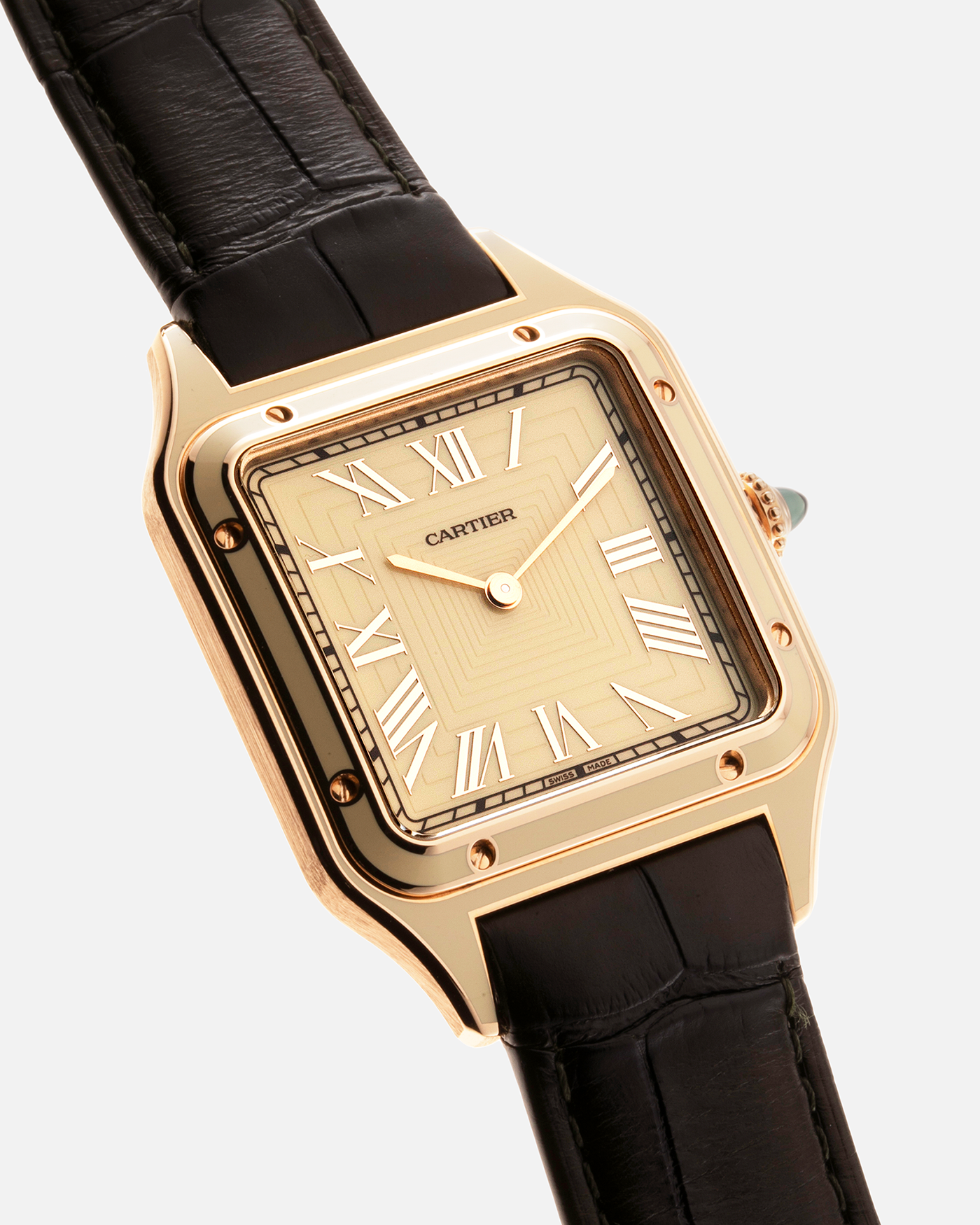Brand: Cartier Year: 2023 Model: Santos-Dumont Large Material: 18-carat Rose Gold, Beige Lacquer Movement: Cartier Cal. 430 MC, Manual-Winding Case Diameter: 43.5mm x 31.4mm Bracelet / Strap: Cartier Black Alligator Leather Strap with Signed 18-carat Rose Gold Tang Buckle
