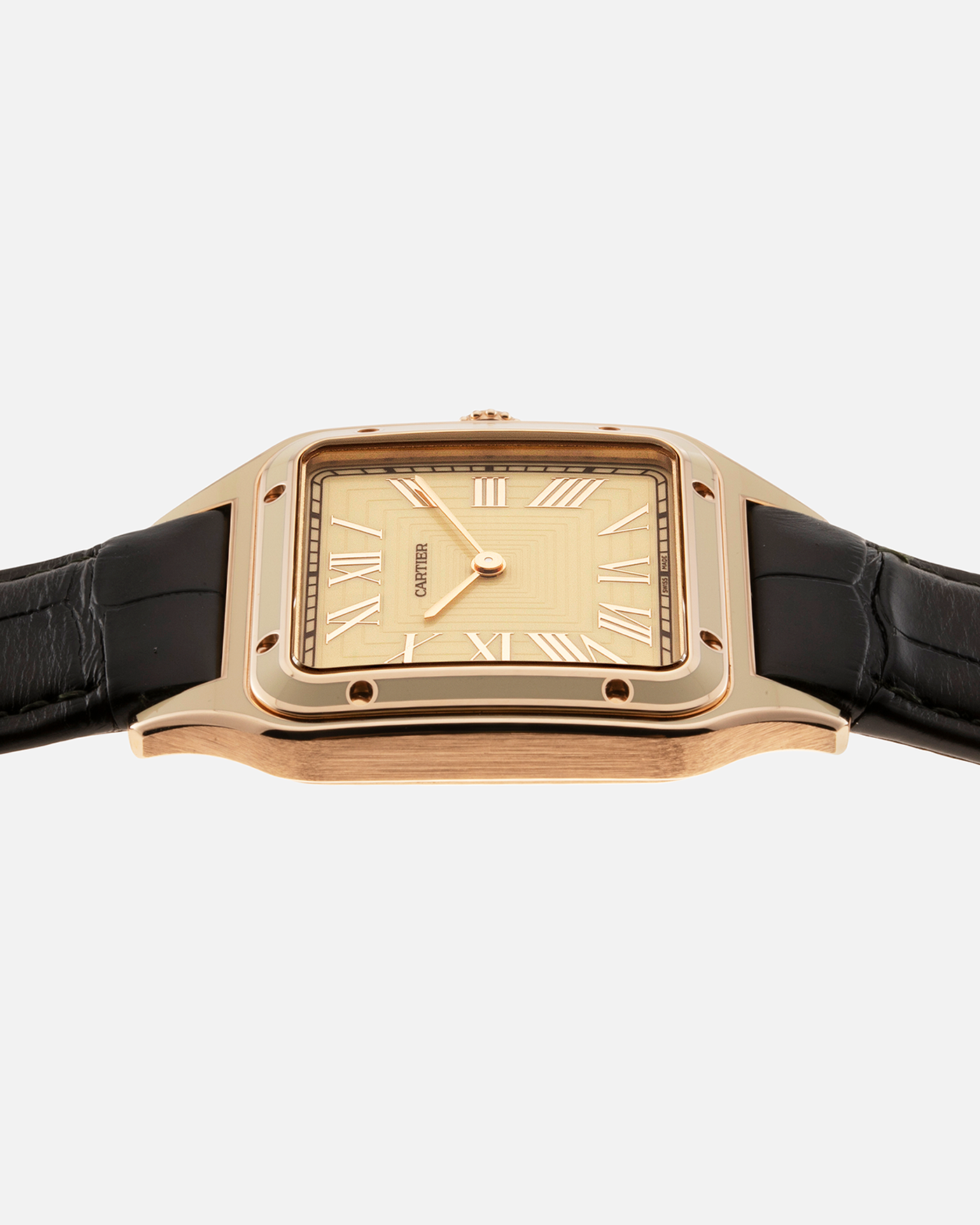 Brand: Cartier Year: 2023 Model: Santos-Dumont Large Material: 18-carat Rose Gold, Beige Lacquer Movement: Cartier Cal. 430 MC, Manual-Winding Case Diameter: 43.5mm x 31.4mm Bracelet / Strap: Cartier Black Alligator Leather Strap with Signed 18-carat Rose Gold Tang Buckle